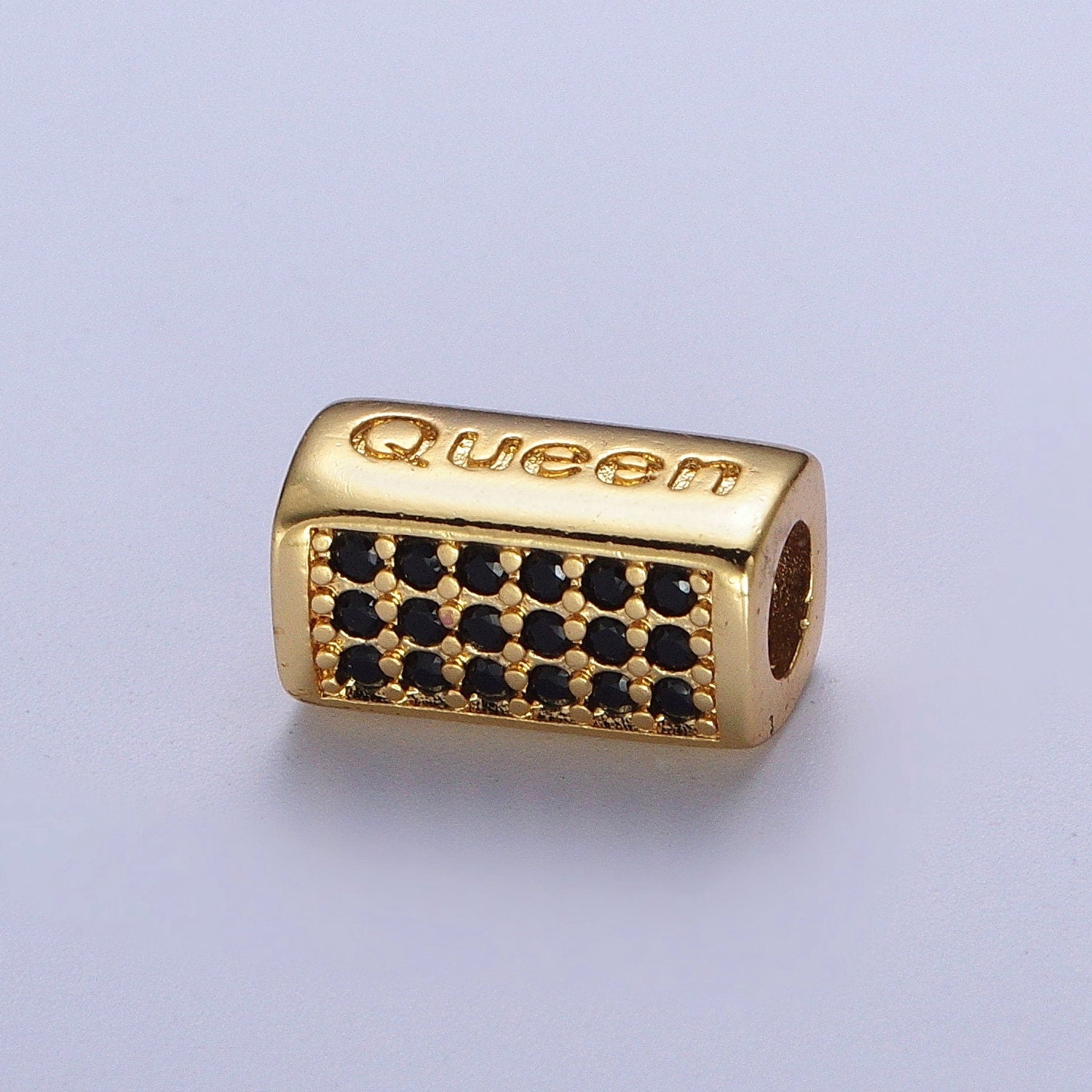 Gold/Silver Queen Embossed Lettering Black CZ Rectangular Bead Spacer, Gold Plated Open Micro Paved CZ Queen Bead Spacer | B-936