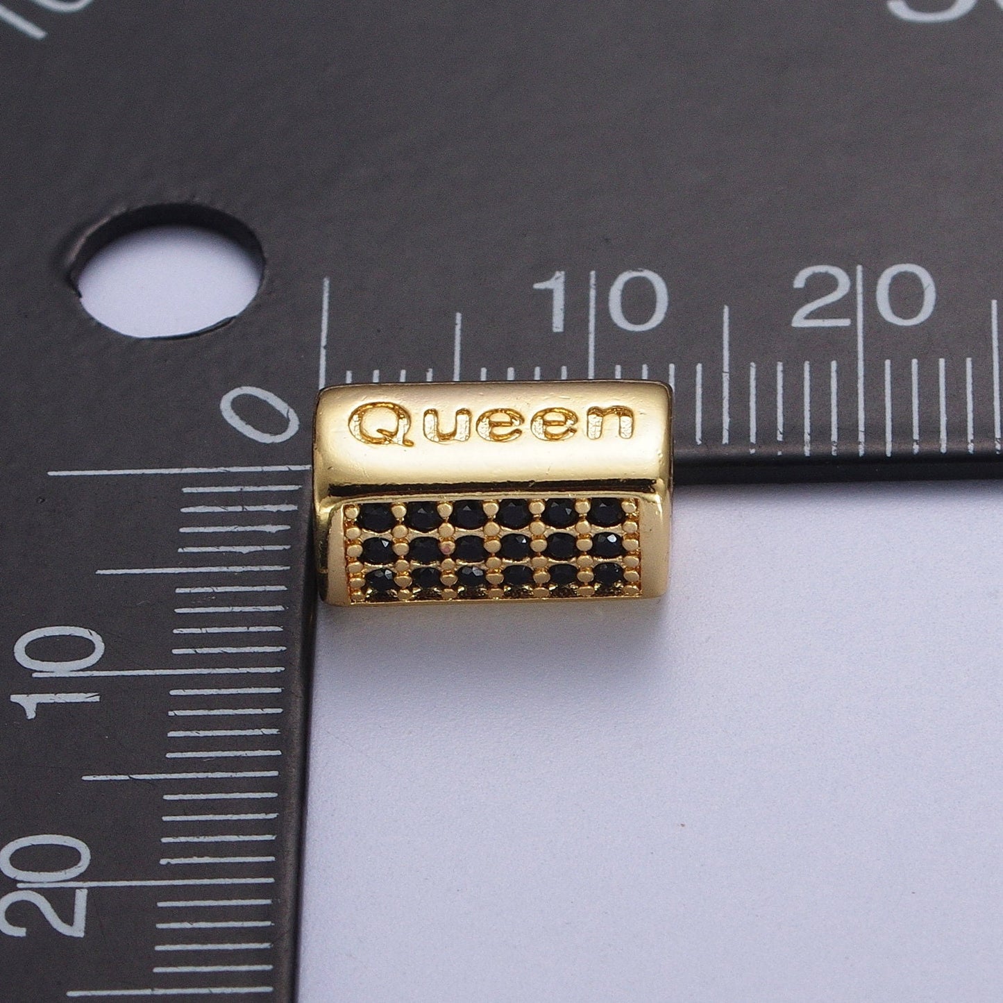 Gold/Silver Queen Embossed Lettering Black CZ Rectangular Bead Spacer, Gold Plated Open Micro Paved CZ Queen Bead Spacer | B-936