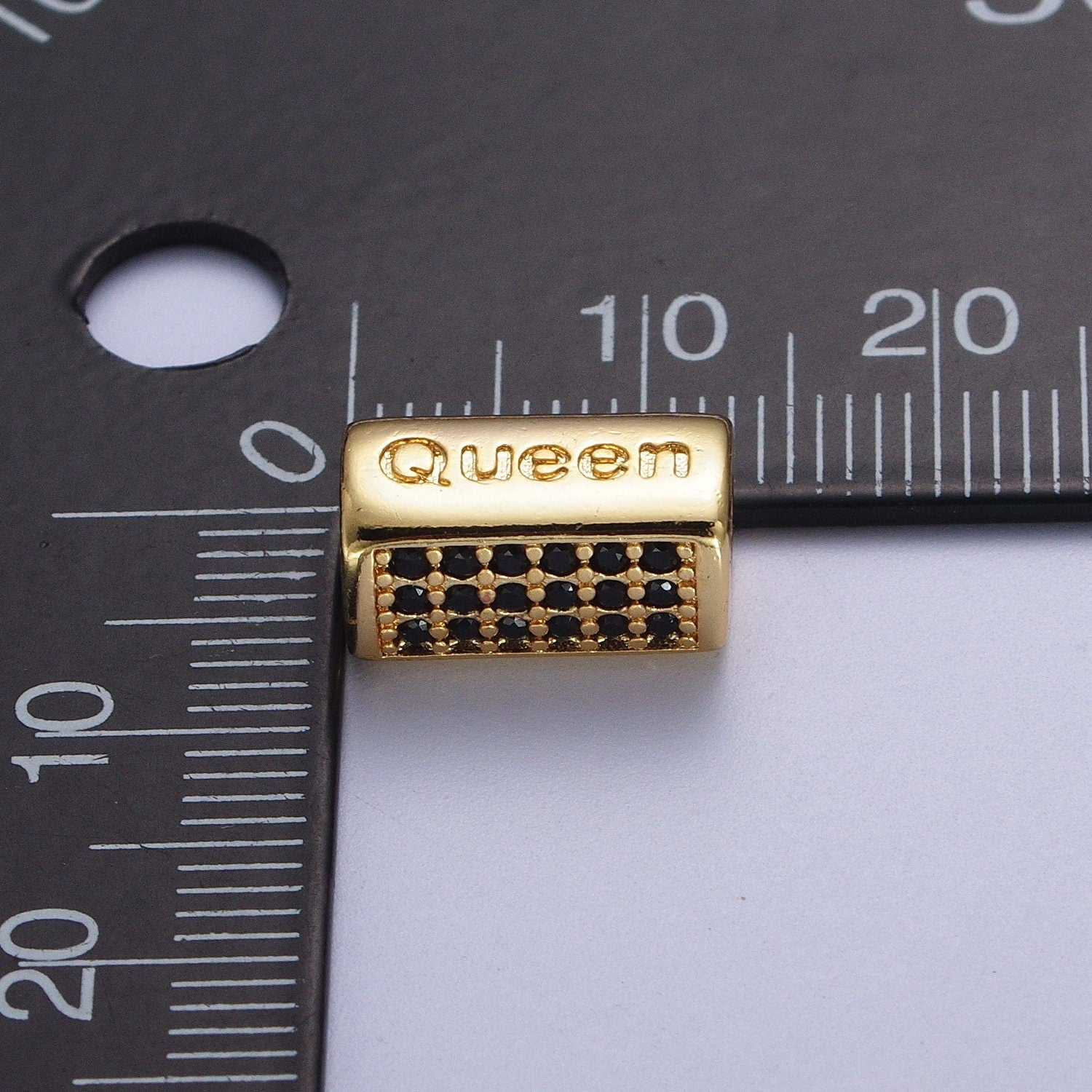 Gold/Silver Queen Embossed Lettering Black CZ Rectangular Bead Spacer, Gold Plated Open Micro Paved CZ Queen Bead Spacer | B-936