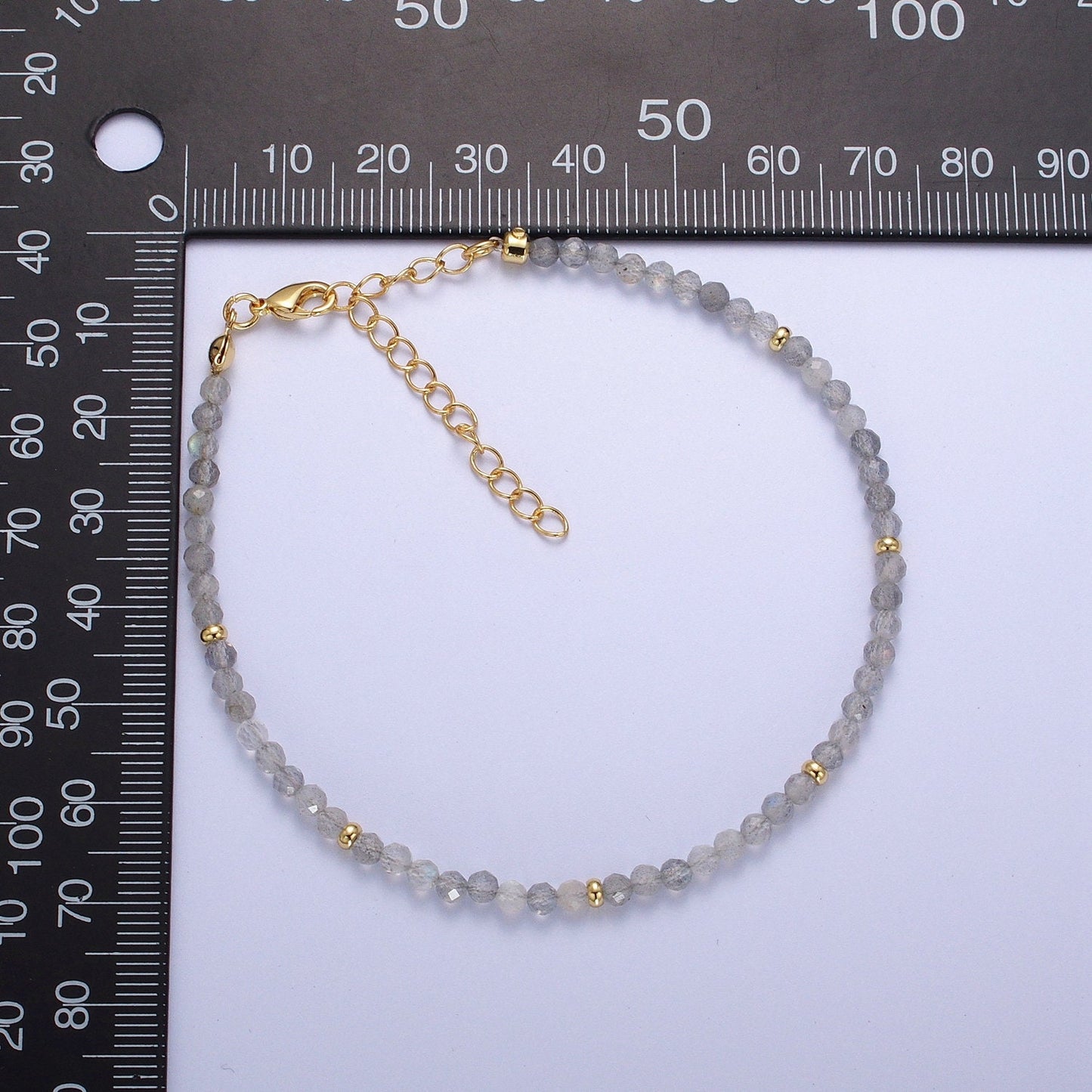 2.8mm Moonstone Multifaceted Rondelle Stones w. Gold Crimp Spacers 8.0"+2.0" Extender Handmade Bracelet | WA-1199