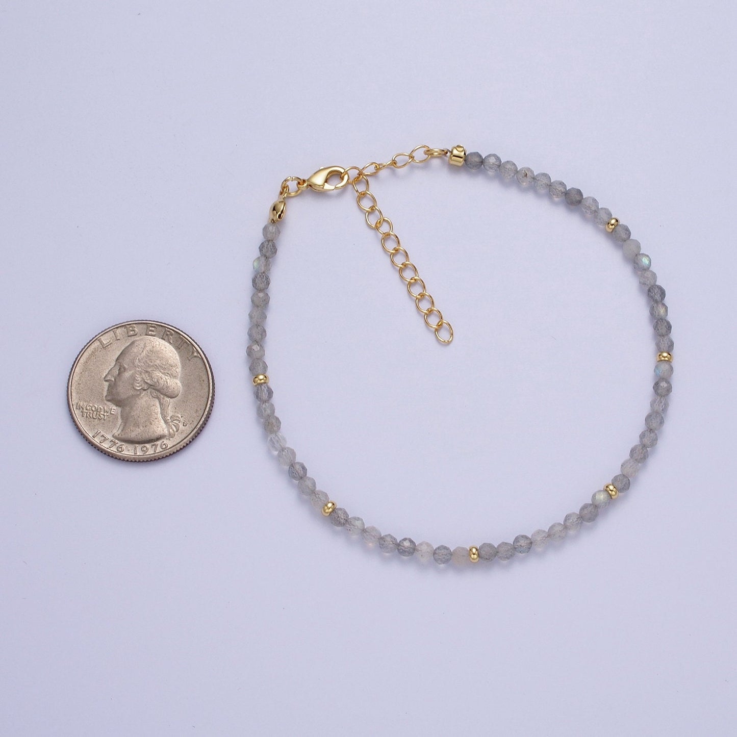 2.8mm Moonstone Multifaceted Rondelle Stones w. Gold Crimp Spacers 8.0"+2.0" Extender Handmade Bracelet | WA-1199