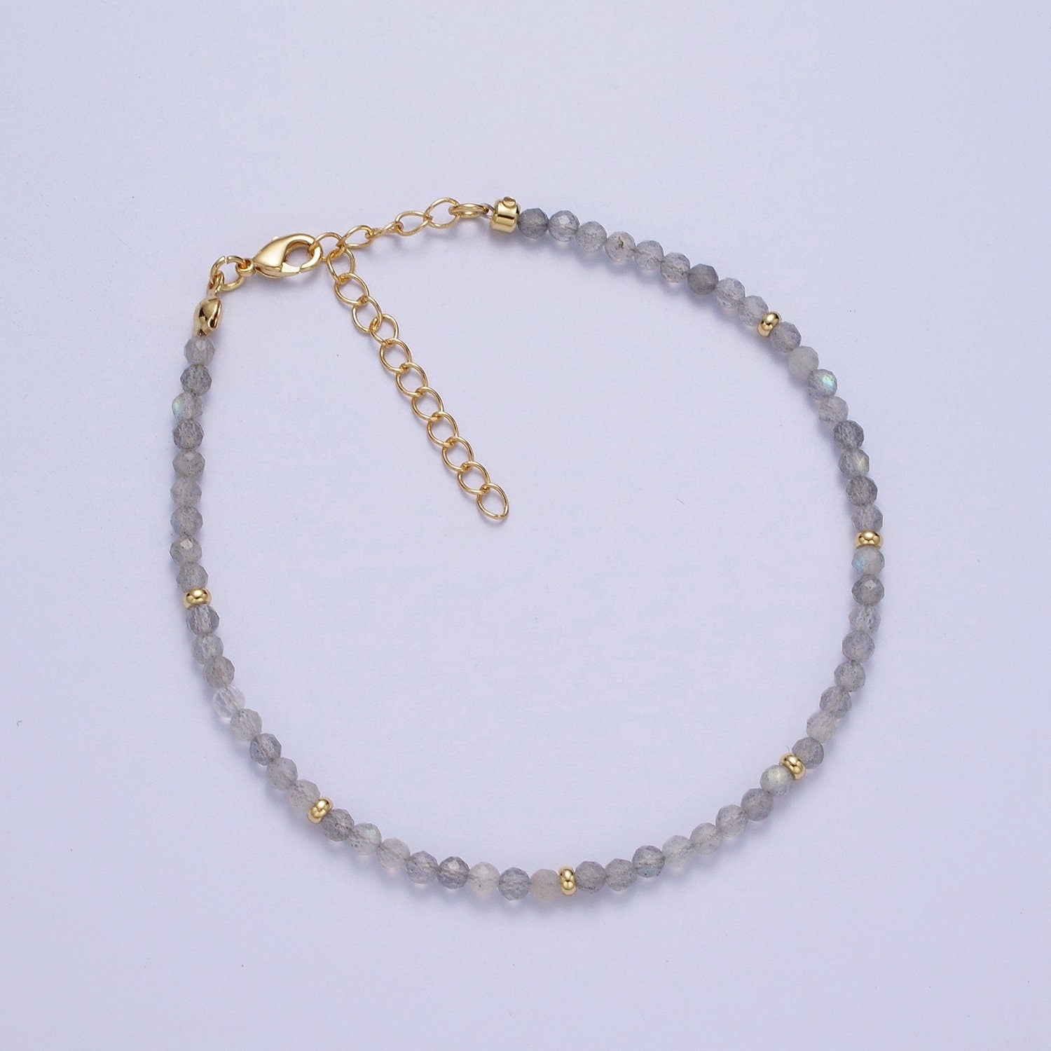 2.8mm Moonstone Multifaceted Rondelle Stones w. Gold Crimp Spacers 8.0"+2.0" Extender Handmade Bracelet | WA-1199