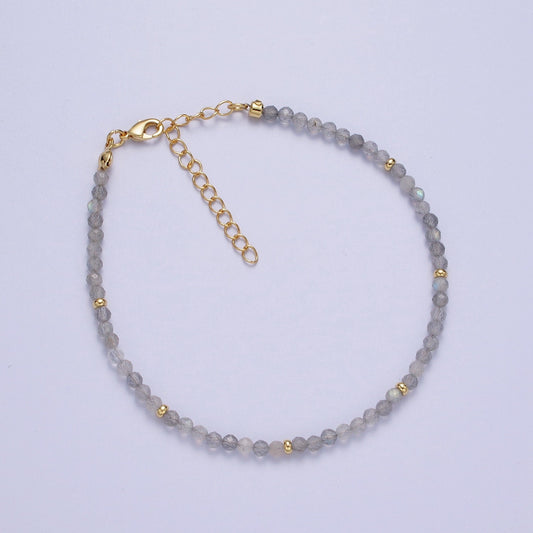 2.8mm Moonstone Multifaceted Rondelle Stones w. Gold Crimp Spacers 8.0"+2.0" Extender Handmade Bracelet | WA-1199