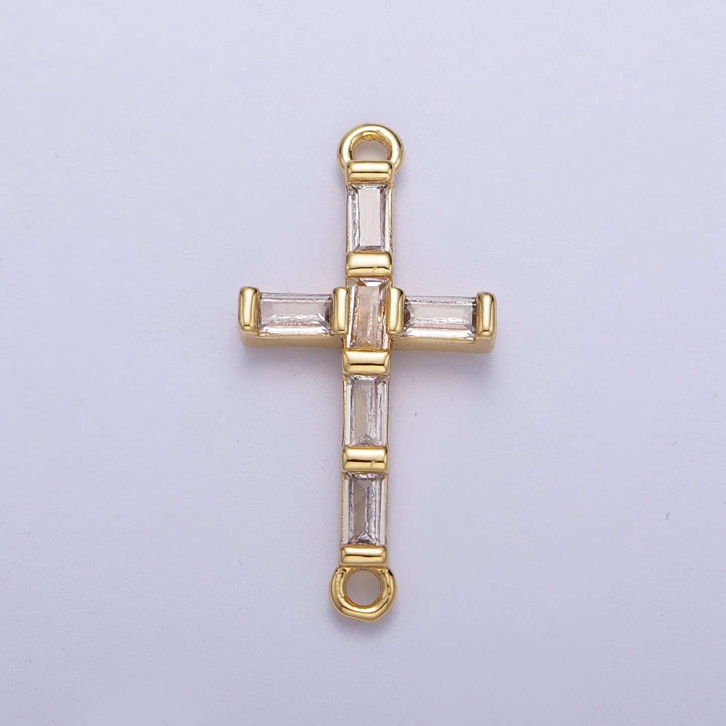 Gold Baguette Stones Cross Charm Connector, 24K Gold Plated Clear Micro Paved CZ Baguette Cross Religious Link Connector | F-145