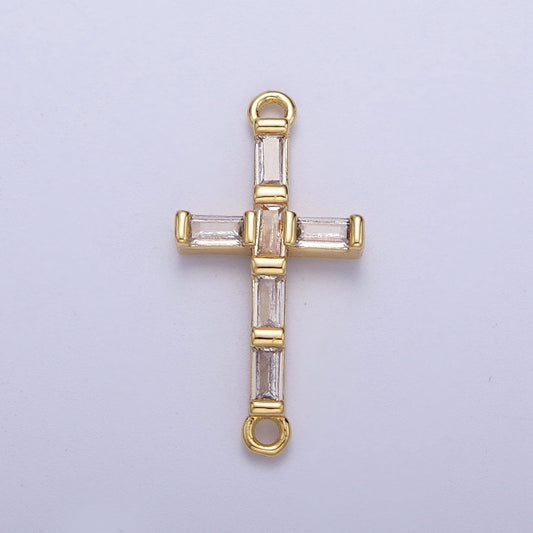 Gold Baguette Stones Cross Charm Connector, 24K Gold Plated Clear Micro Paved CZ Baguette Cross Religious Link Connector | F-145