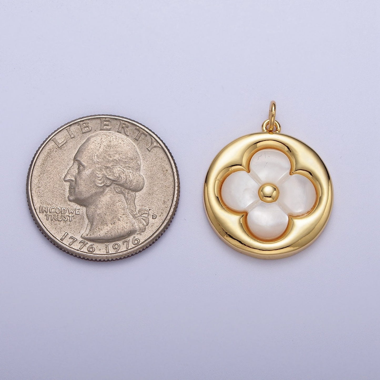 Gold Pearly White Four Leaf Lucky Charm Flower Round Button Charm, 14K Gold Plated Shell Pearl Clover Florette Floral Pendant | C-706