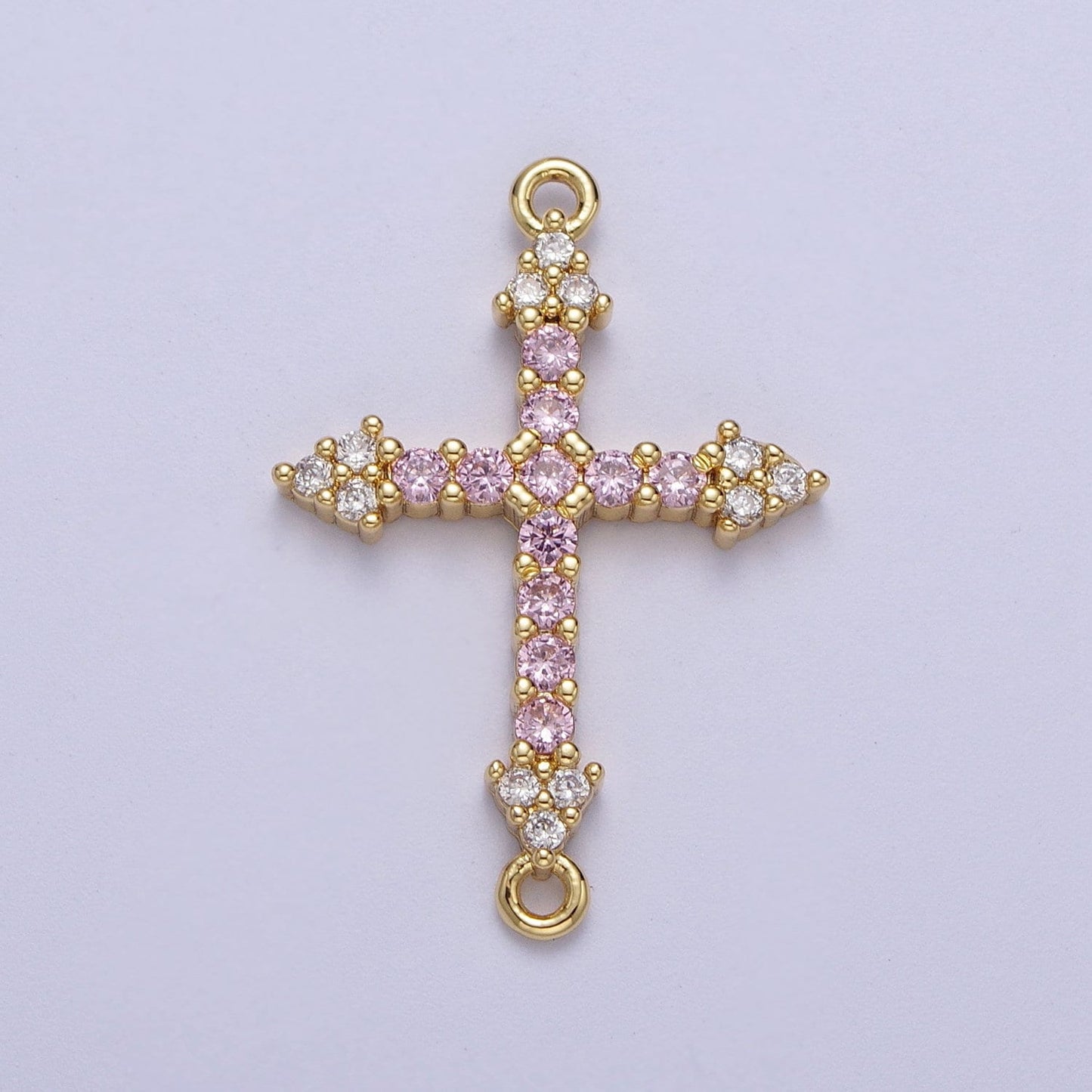 Gold CZ Cross Charm Connector, 24K Gold Plated Clear and Pink Micro Paved CZ Arrow Cross Religious Link Connector | F-140