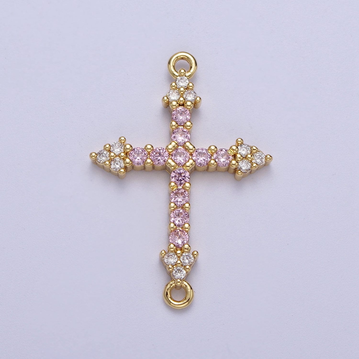 Gold CZ Cross Charm Connector, 24K Gold Plated Clear and Pink Micro Paved CZ Arrow Cross Religious Link Connector | F-140