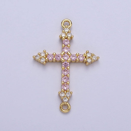 Gold CZ Cross Charm Connector, 24K Gold Plated Clear and Pink Micro Paved CZ Arrow Cross Religious Link Connector | F-140
