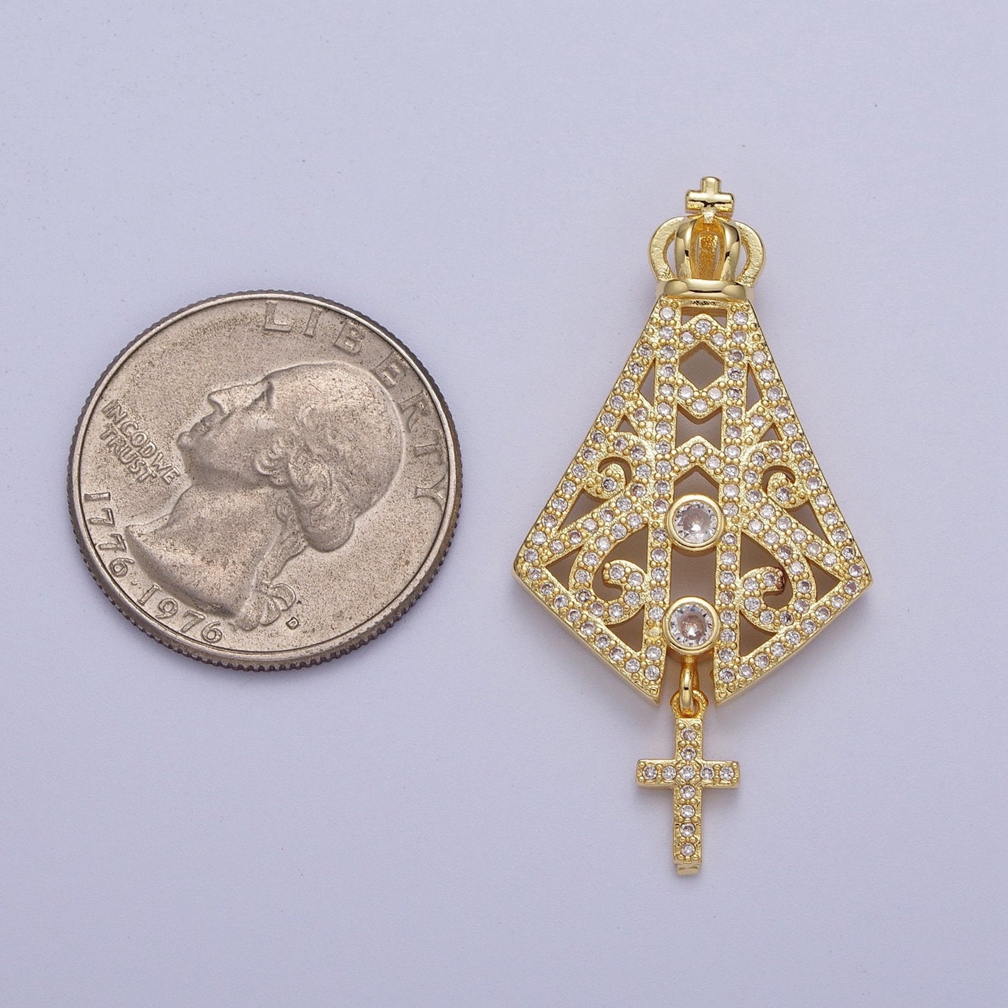 Gold CZ Religious Nossa Senhora Aparecida Pendant, 24K Gold Plated Clear Micro Paved Cz Papal Regalia and Insignia Cross Charm | H-659