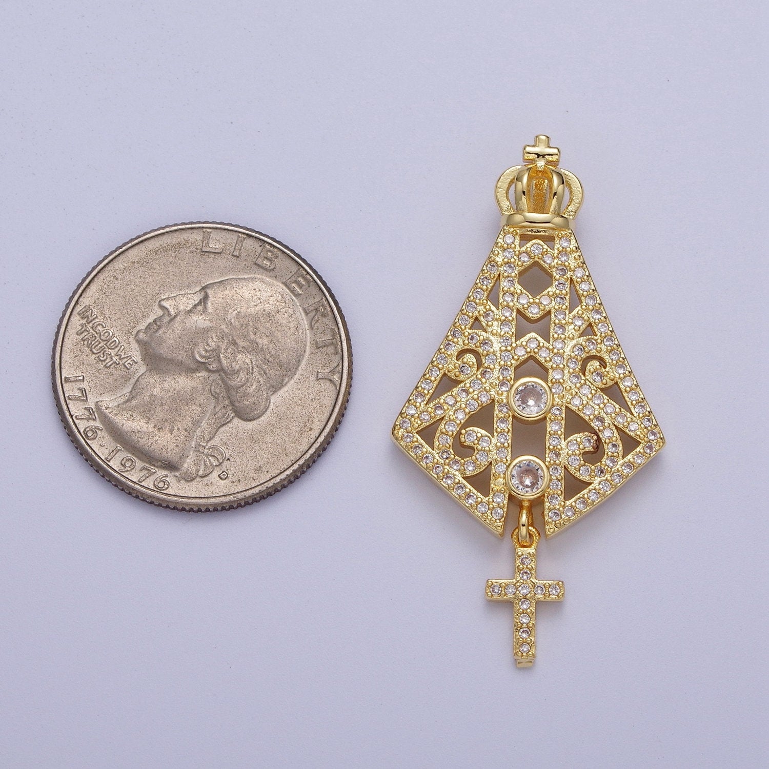 Gold CZ Religious Nossa Senhora Aparecida Pendant, 24K Gold Plated Clear Micro Paved Cz Papal Regalia and Insignia Cross Charm | H-659