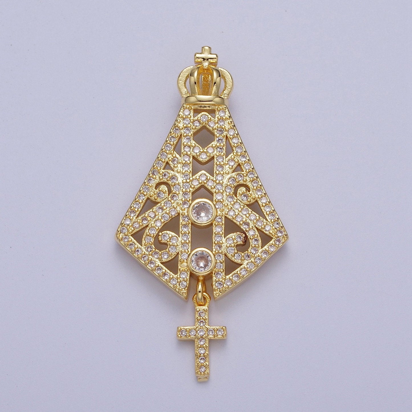 Gold CZ Religious Nossa Senhora Aparecida Pendant, 24K Gold Plated Clear Micro Paved Cz Papal Regalia and Insignia Cross Charm | H-659