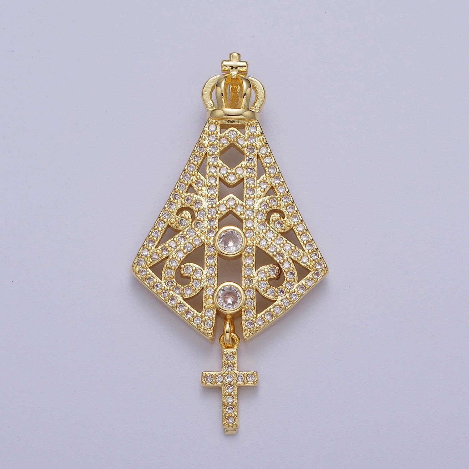 Gold CZ Religious Nossa Senhora Aparecida Pendant, 24K Gold Plated Clear Micro Paved Cz Papal Regalia and Insignia Cross Charm | H-659