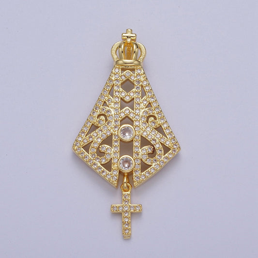 Gold CZ Religious Nossa Senhora Aparecida Pendant, 24K Gold Plated Clear Micro Paved Cz Papal Regalia and Insignia Cross Charm | H-659