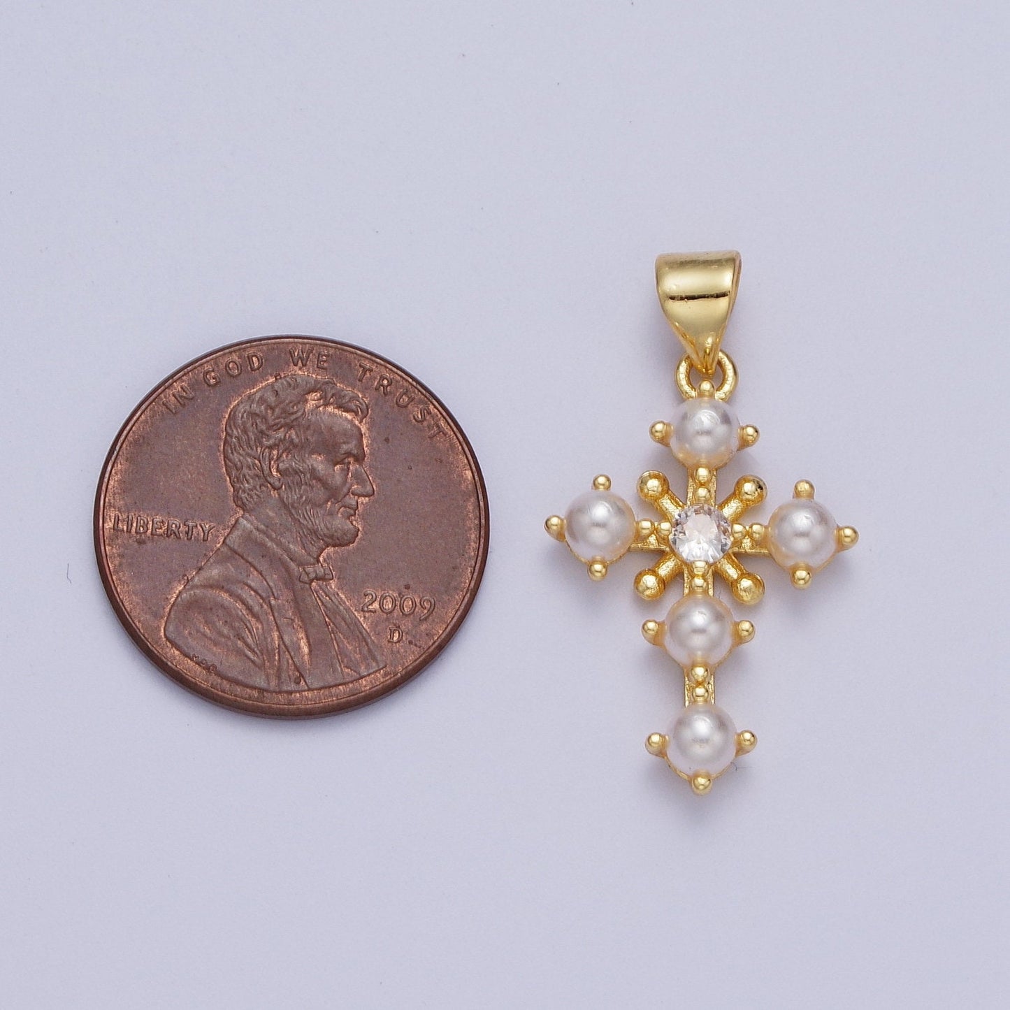 Gold CZ Mother of Pearl Cross Pendant, 24K Gold Plated North Star Clear Micro Paved CZ Natural Peals Religious Cross Charm | H-663