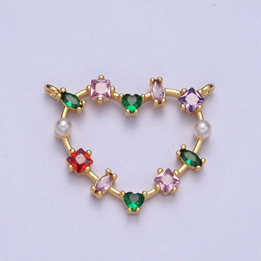Gold CZ Pearl Open Heart Charm Connector, 16K Gold Filled Mother of Pearl Micro Paved Colored CZ Marquise Love Heart Link Connector | F-177