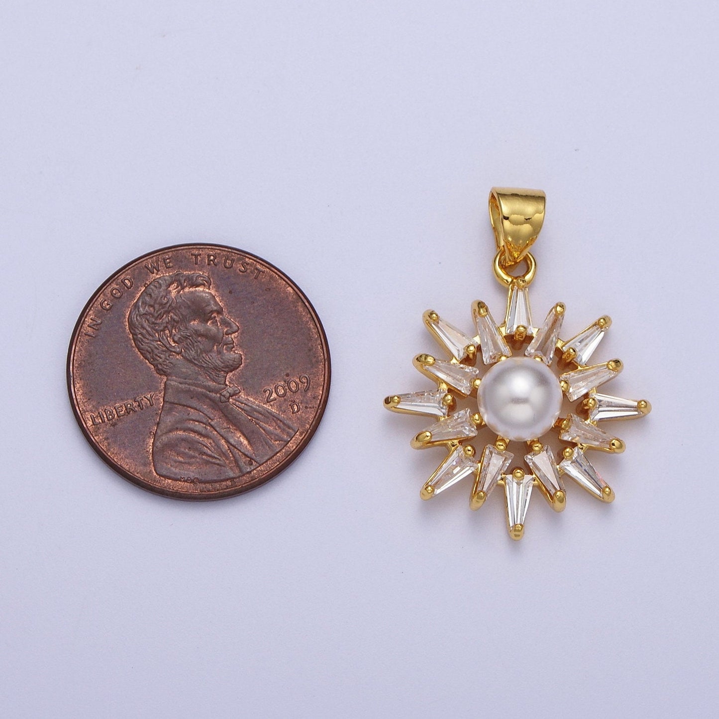 Gold CZ Pearl Round Cave Ice Spikes Pendant, 24K Gold Plated Clear Baguette Stones & Mother of Pearl Sunburst Icicles Charm | X-686