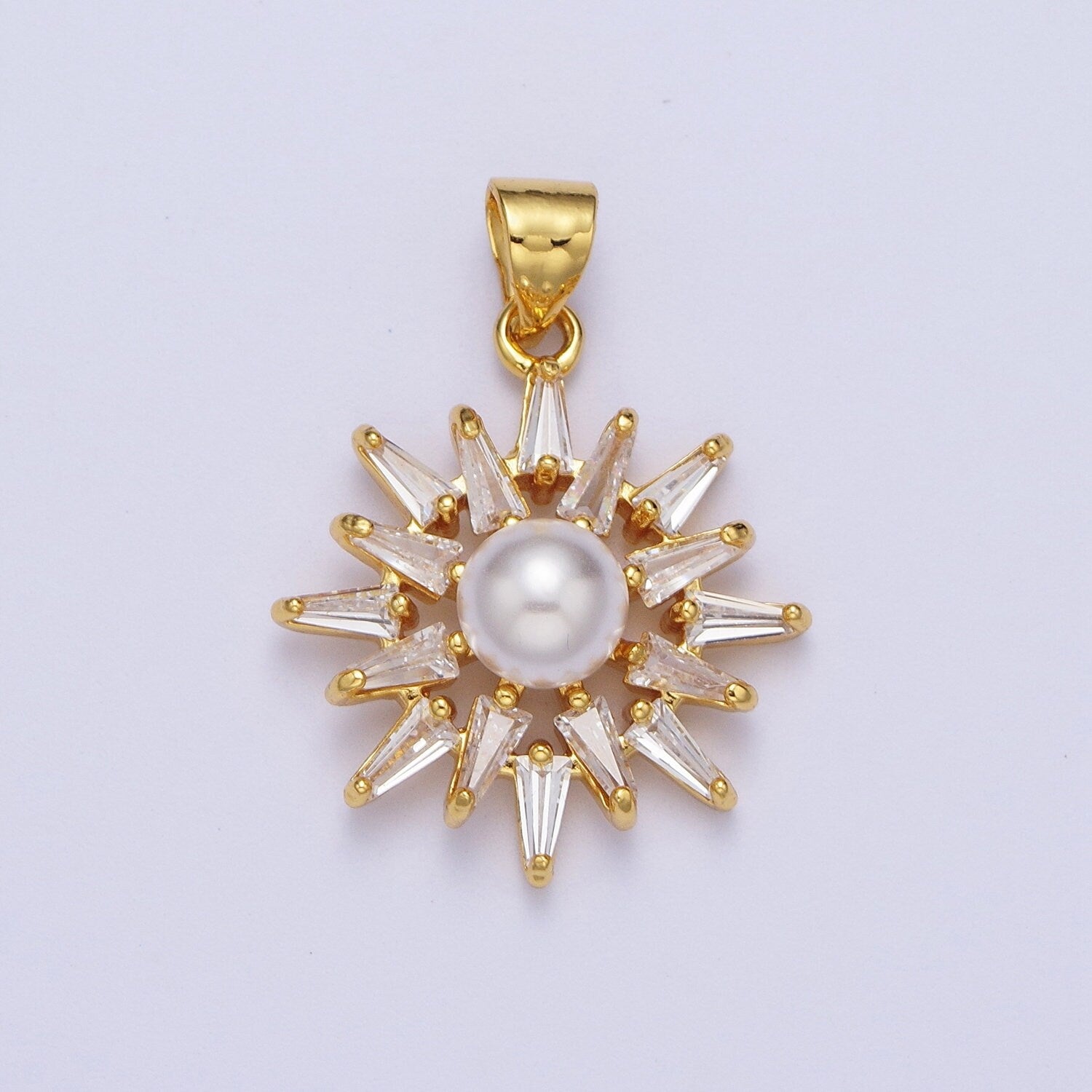 Gold CZ Pearl Round Cave Ice Spikes Pendant, 24K Gold Plated Clear Baguette Stones & Mother of Pearl Sunburst Icicles Charm | X-686