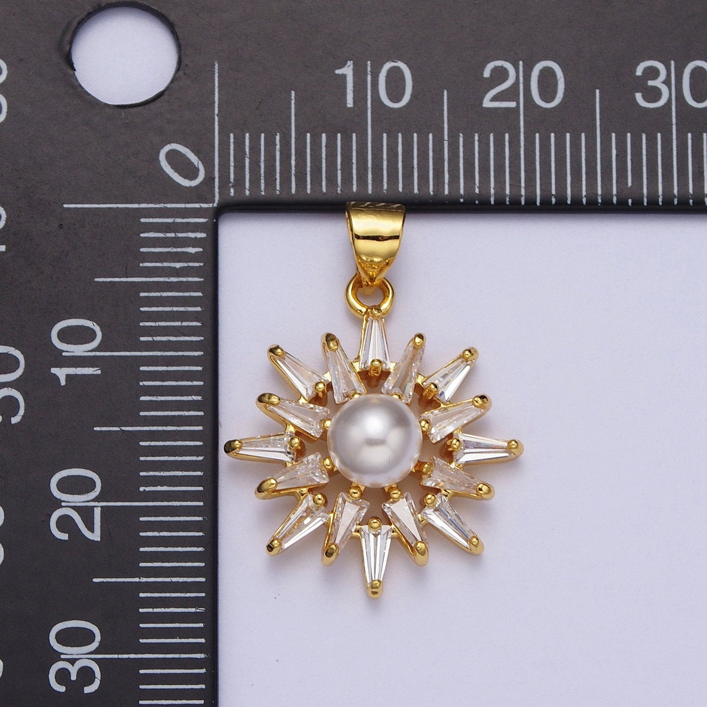 Gold CZ Pearl Round Cave Ice Spikes Pendant, 24K Gold Plated Clear Baguette Stones & Mother of Pearl Sunburst Icicles Charm | X-686