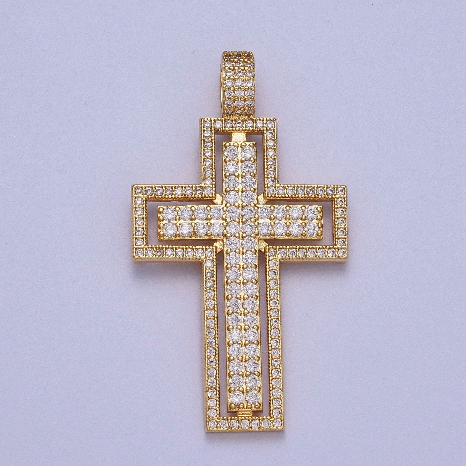 Bold Gold CZ Double Cross Pendant, 16K Gold Filled Chunky Clear Micro Paved CZ Religious Outlined Cross Charm | X-687