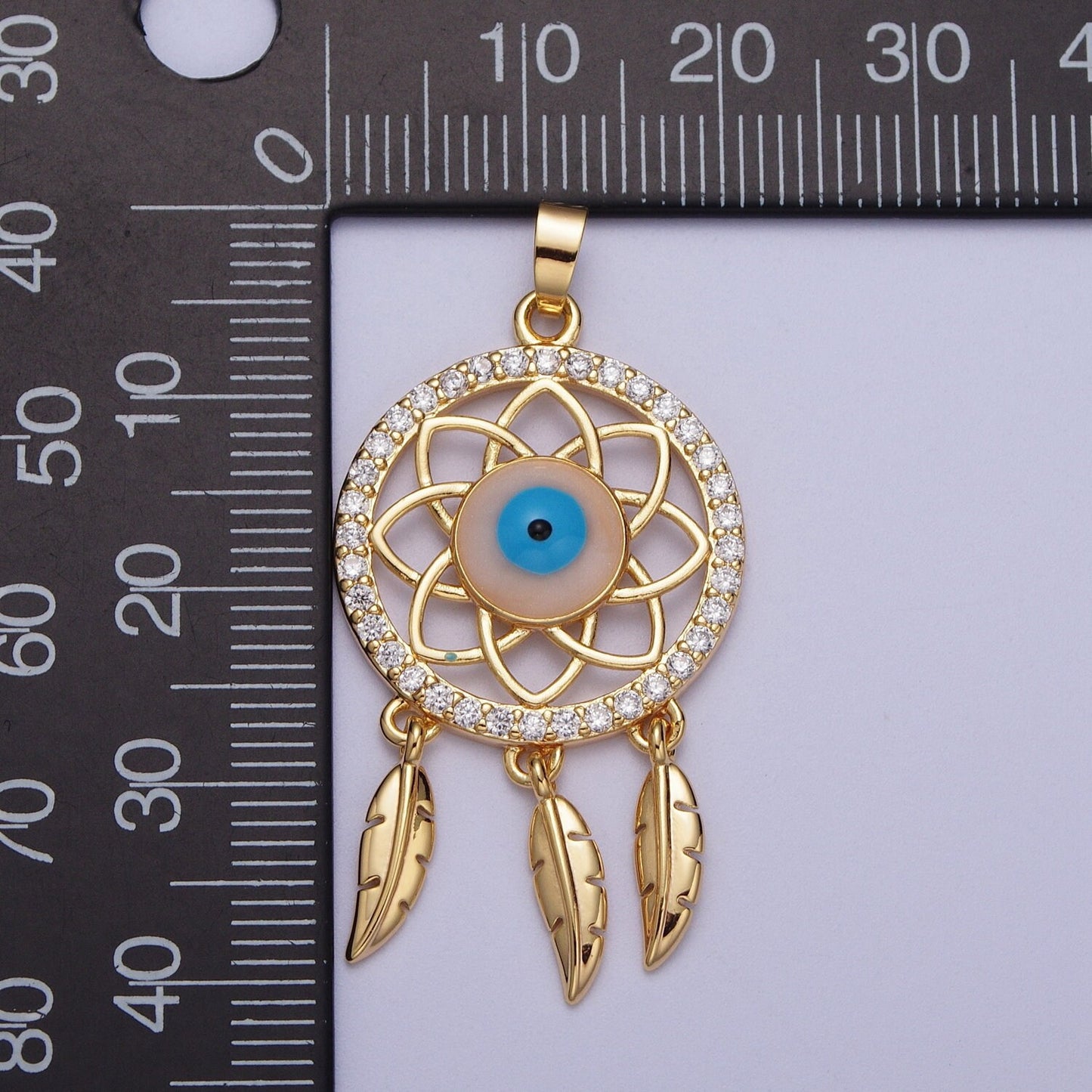 Gold Evil Eye Dream Catcher Pendant, 16K Gold Filled Clear Micro Paved CZ Blue Enamel Eye of Ra Center Dream Catcher Charm | X-688