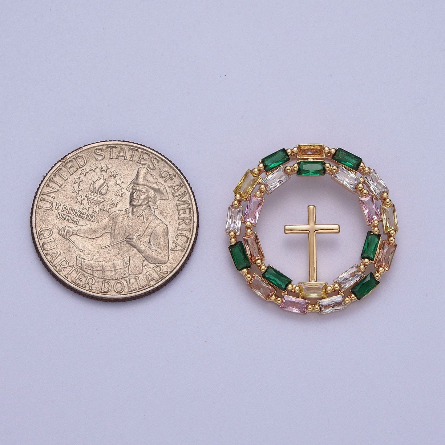 Gold CZ Tiny Cross Center Round Pendant, 16K Gold Filled Micro Paved Colorful Rectangular CZ Religious Beaded Cross Circle Charm | X-689