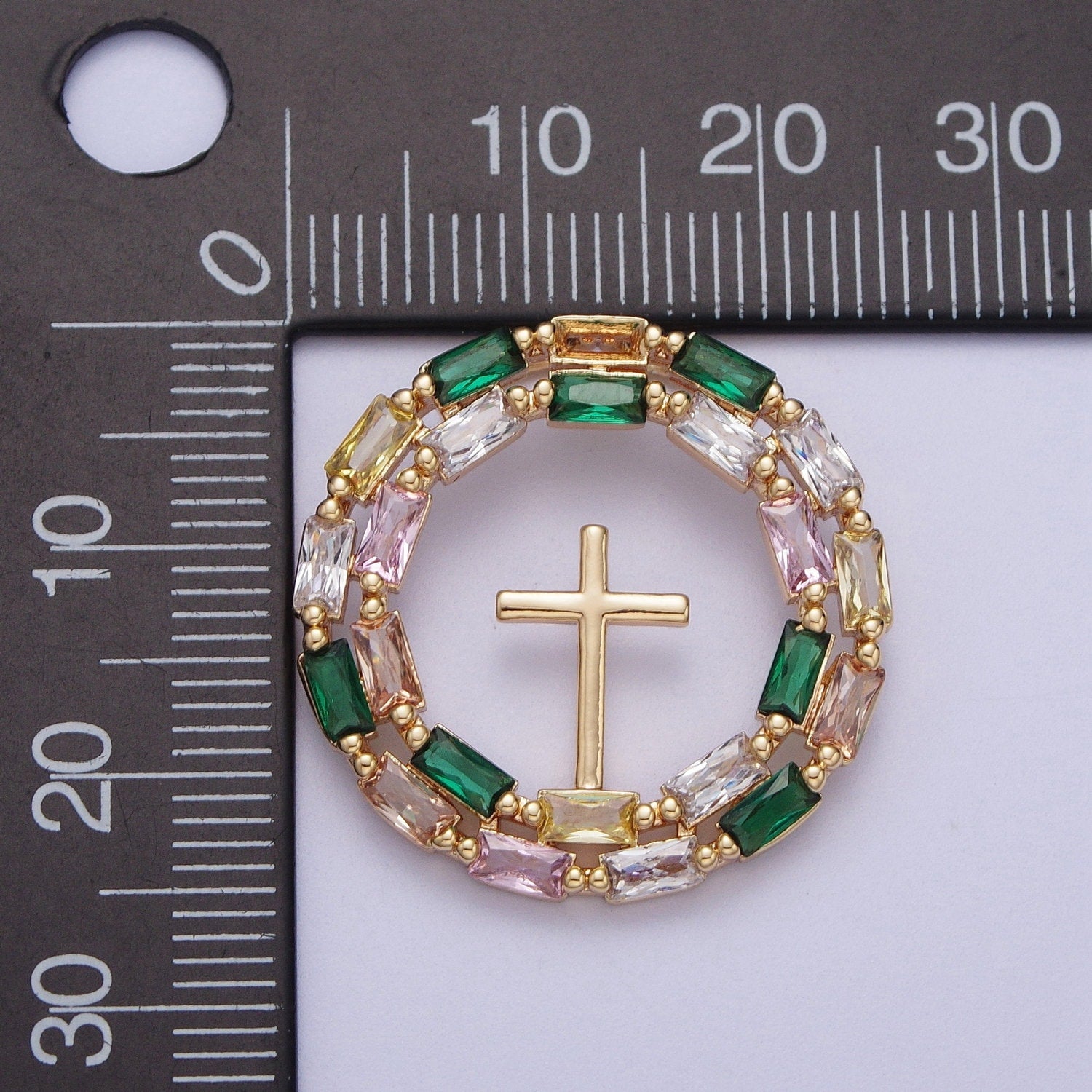 Gold CZ Tiny Cross Center Round Pendant, 16K Gold Filled Micro Paved Colorful Rectangular CZ Religious Beaded Cross Circle Charm | X-689