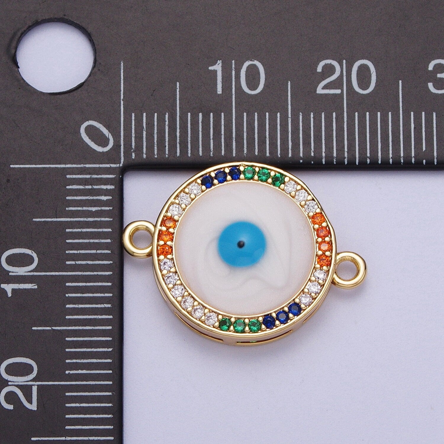 Gold CZ Round Evil Eye Charm Connector, 16K Gold Filled Colorful Micro Paved CZ White Blue Enamel Eye of Ra Link Connector | F-158