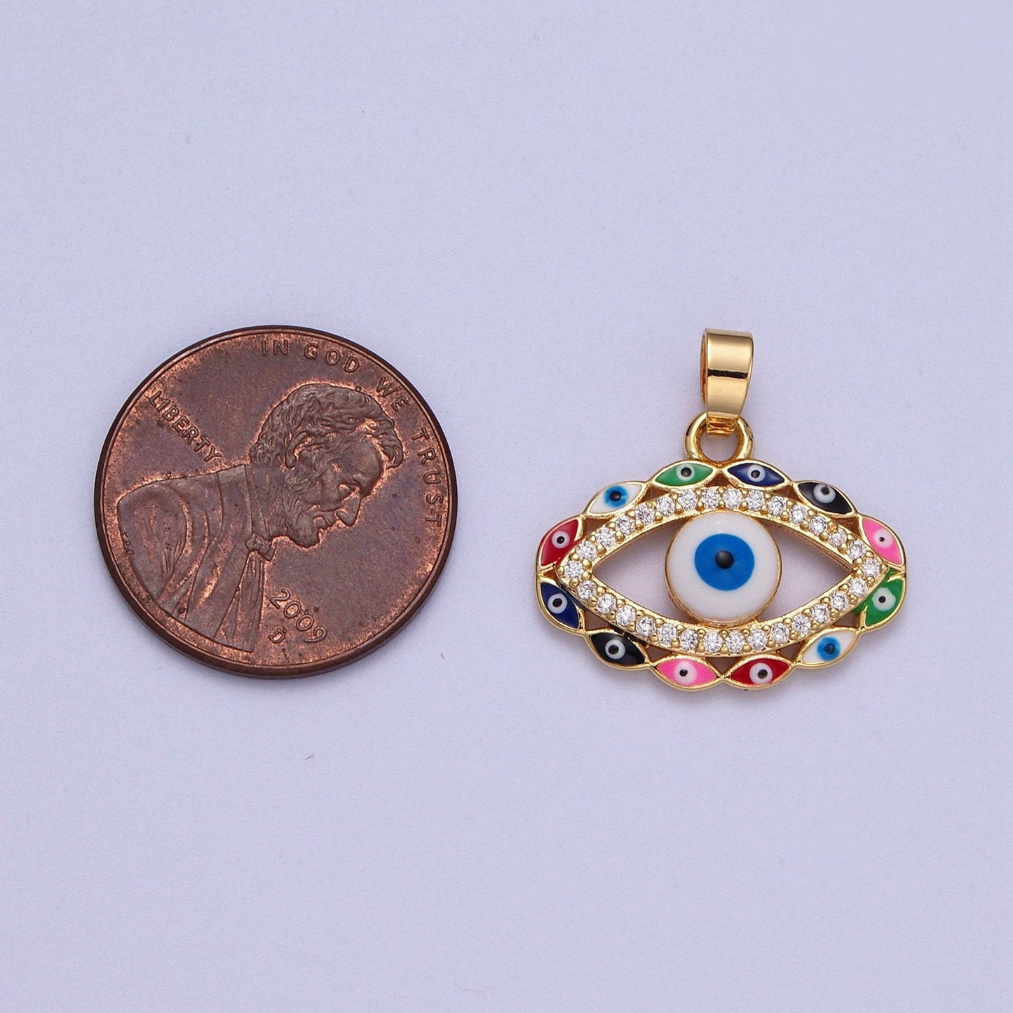 Colorful Gold Base Evil Eye Pendant, 16K Gold Filled Multiple Evil Eyes w. Clear Micro Paved CZ Colorful Enamel Eye of Ra Charm | X-690