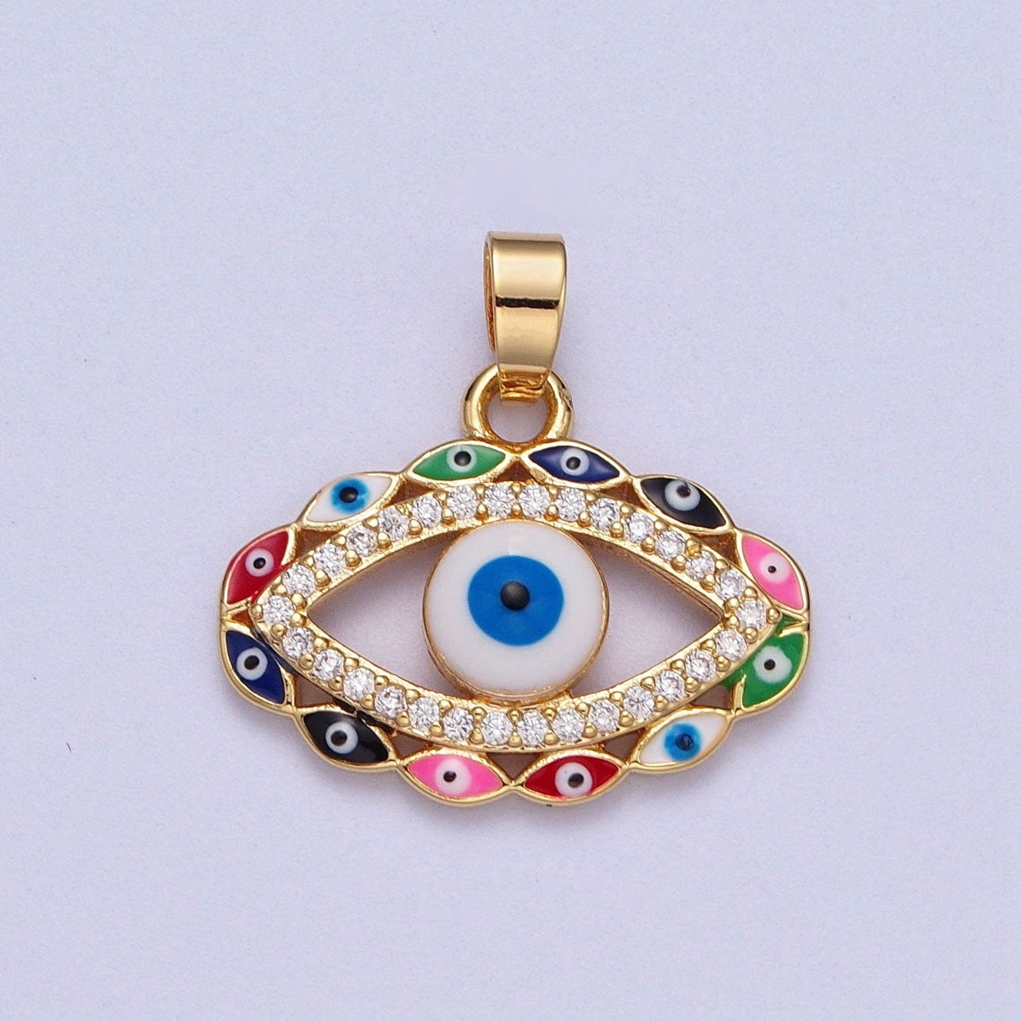 Colorful Gold Base Evil Eye Pendant, 16K Gold Filled Multiple Evil Eyes w. Clear Micro Paved CZ Colorful Enamel Eye of Ra Charm | X-690