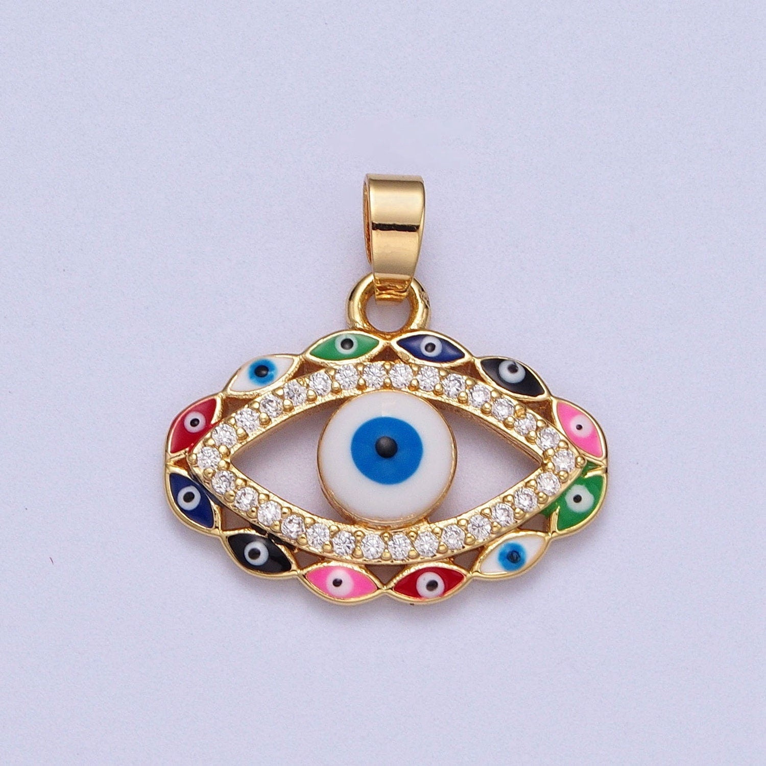 Colorful Gold Base Evil Eye Pendant, 16K Gold Filled Multiple Evil Eyes w. Clear Micro Paved CZ Colorful Enamel Eye of Ra Charm | X-690
