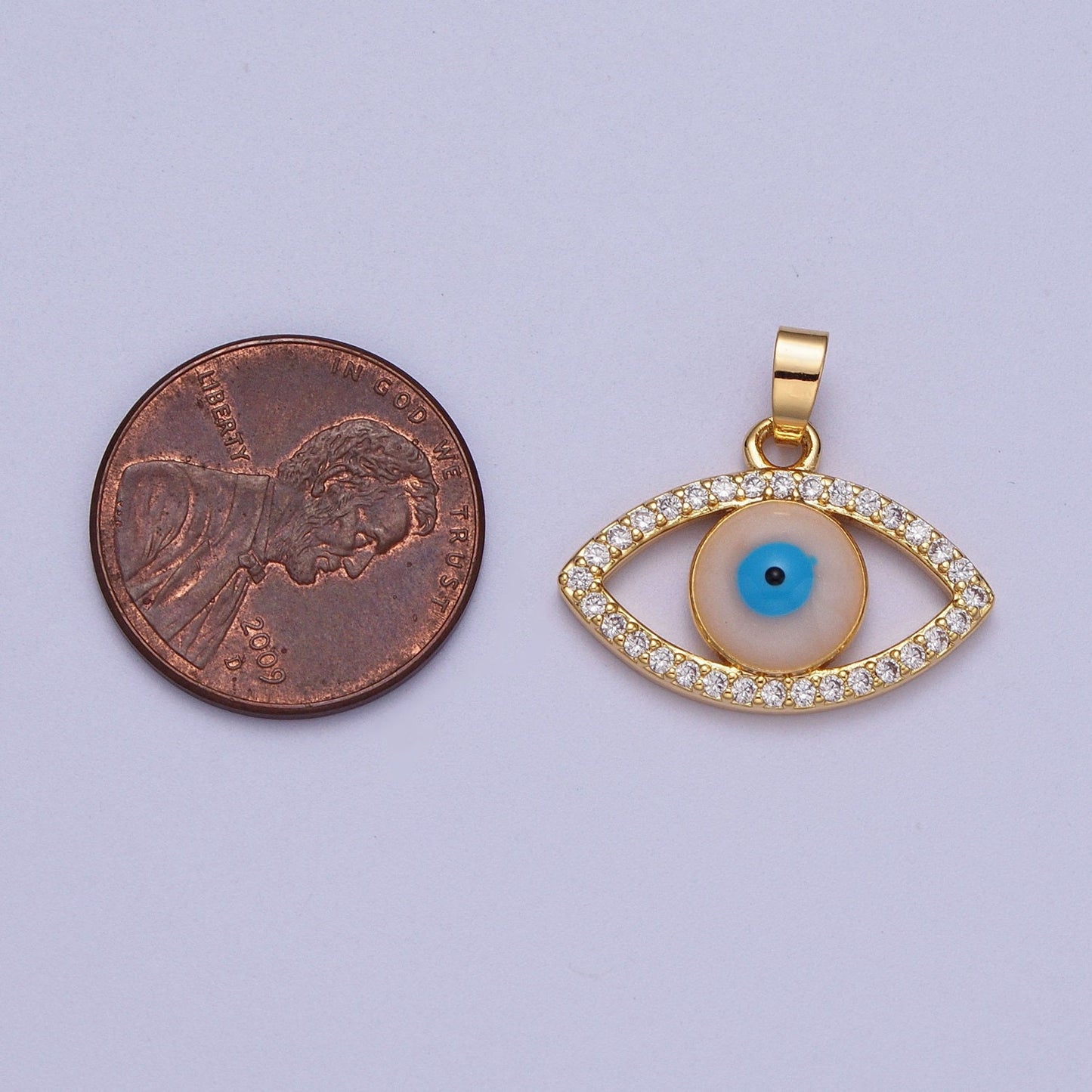 Gold Evil Eye Pendant, 16K Gold Filled Clear Micro Paved CZ Blue/Peach Enamel Eye of Ra Charm | X-691