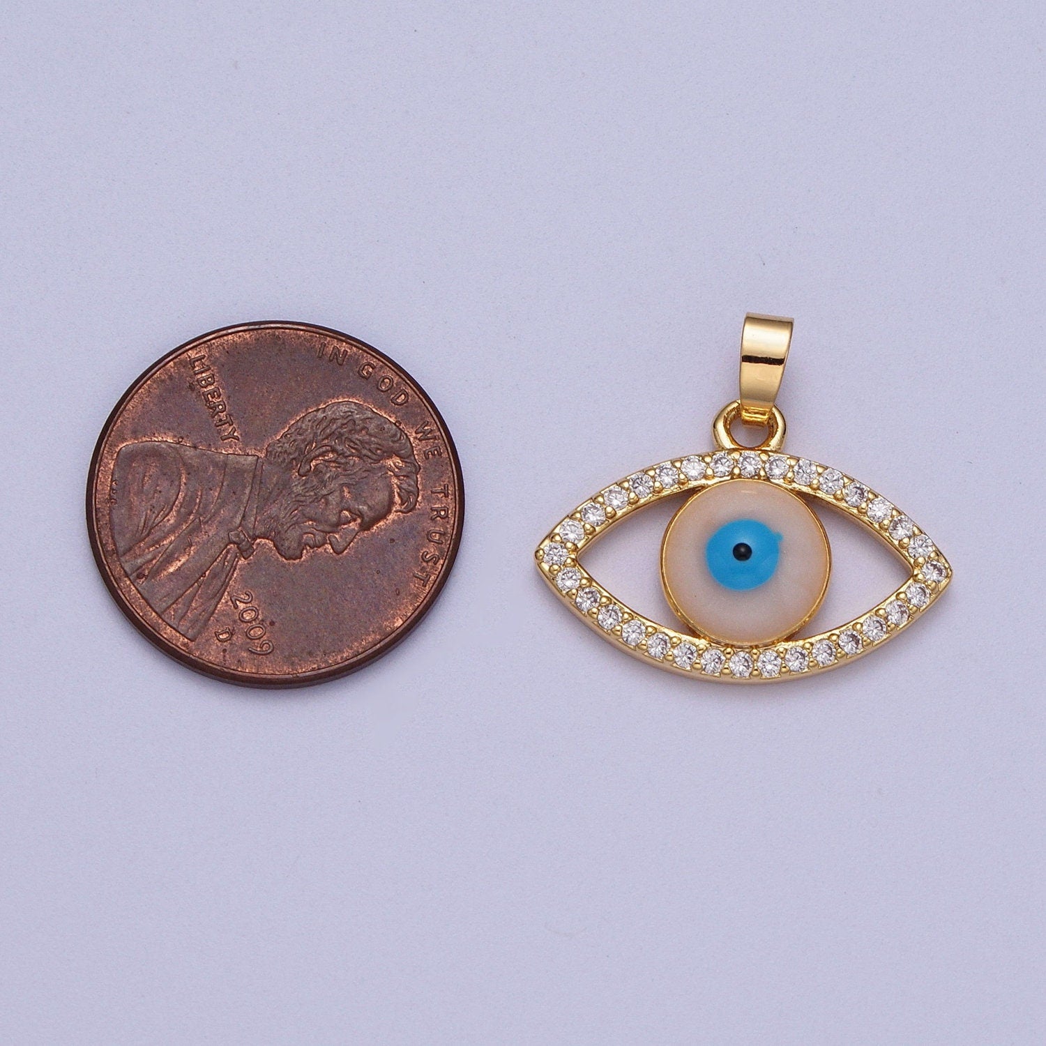 Gold Evil Eye Pendant, 16K Gold Filled Clear Micro Paved CZ Blue/Peach Enamel Eye of Ra Charm | X-691
