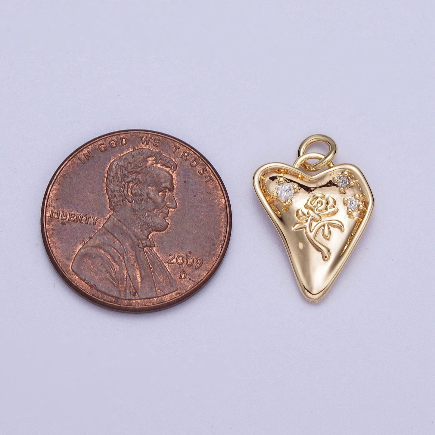 Gold CZ Embossed Rose on Heart Pendant, 16K Gold Filled Clear Micro Paved CZ Hammered Abstract Love Heart w. Embossed Rose Charm | Y-454