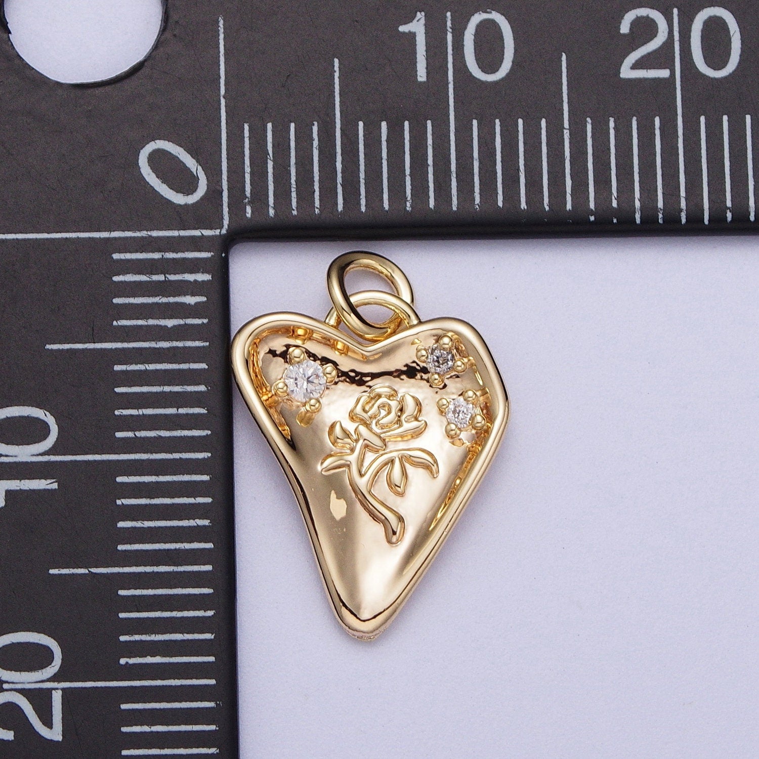 Gold CZ Embossed Rose on Heart Pendant, 16K Gold Filled Clear Micro Paved CZ Hammered Abstract Love Heart w. Embossed Rose Charm | Y-454