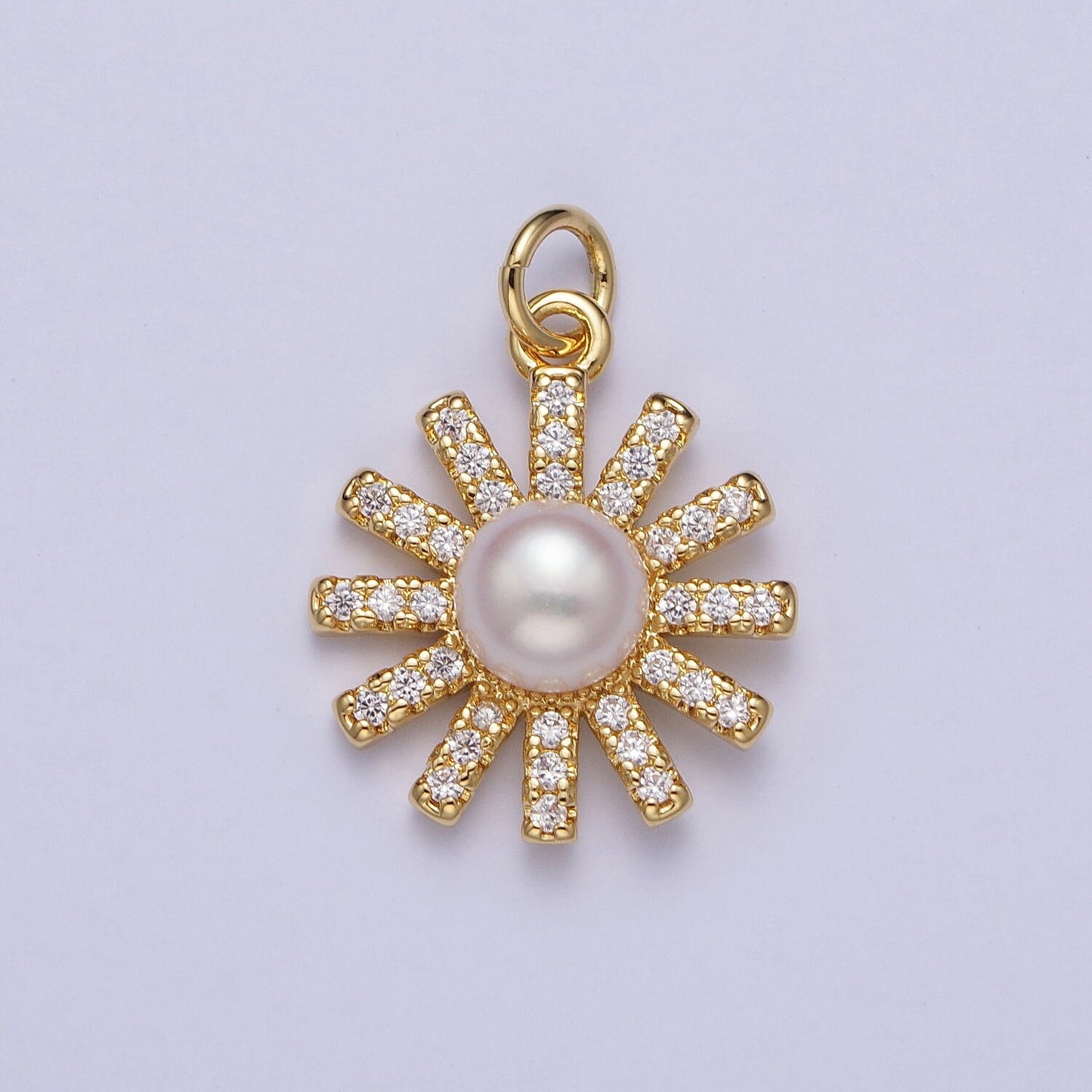 Gold CZ Pearl Flower Pendant, 24K Gold Plated Purple/White Mother of Pearl Micro Paved Clear CZ Sun Summer Spring Flower Charm | N-645