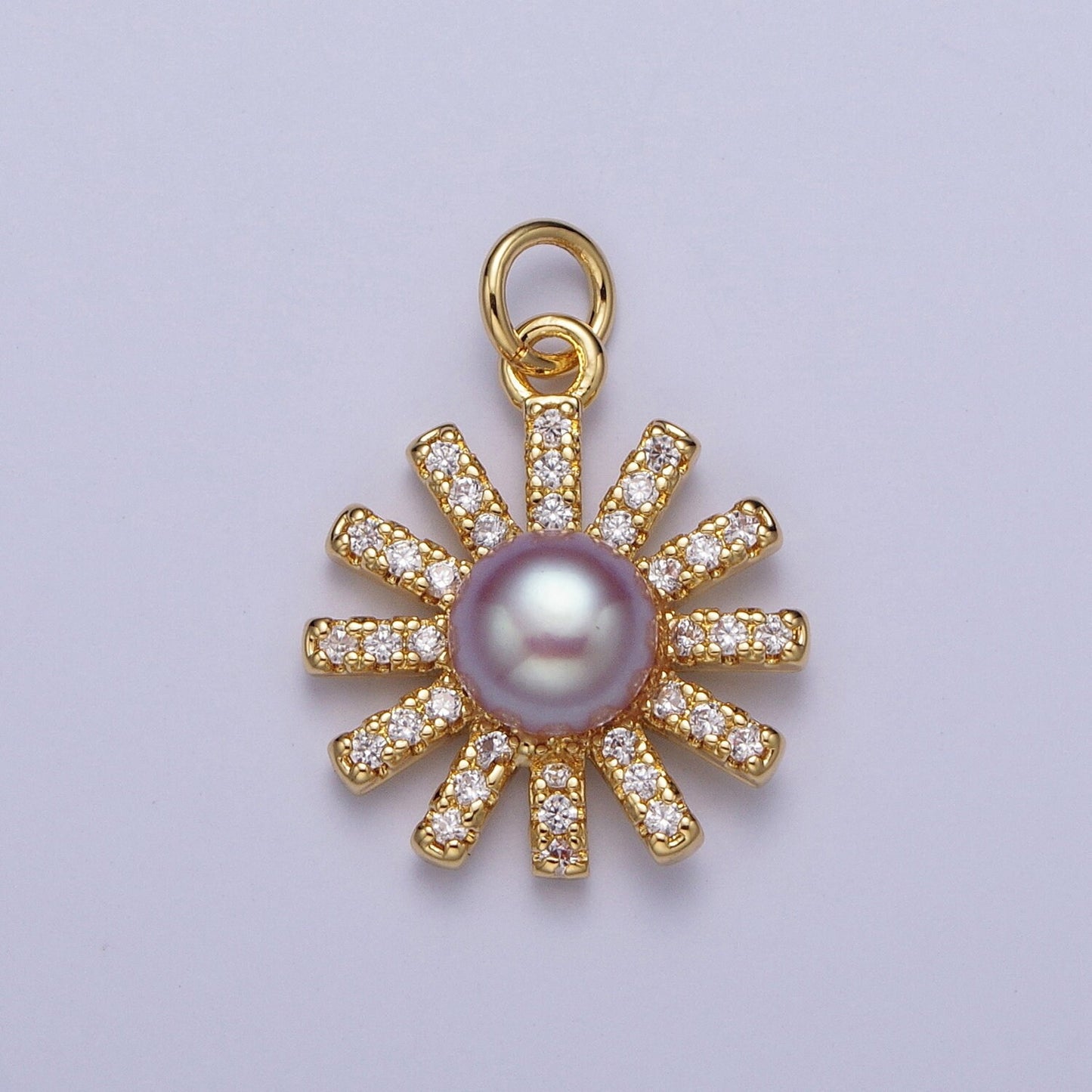 Gold CZ Pearl Flower Pendant, 24K Gold Plated Purple/White Mother of Pearl Micro Paved Clear CZ Sun Summer Spring Flower Charm | N-645