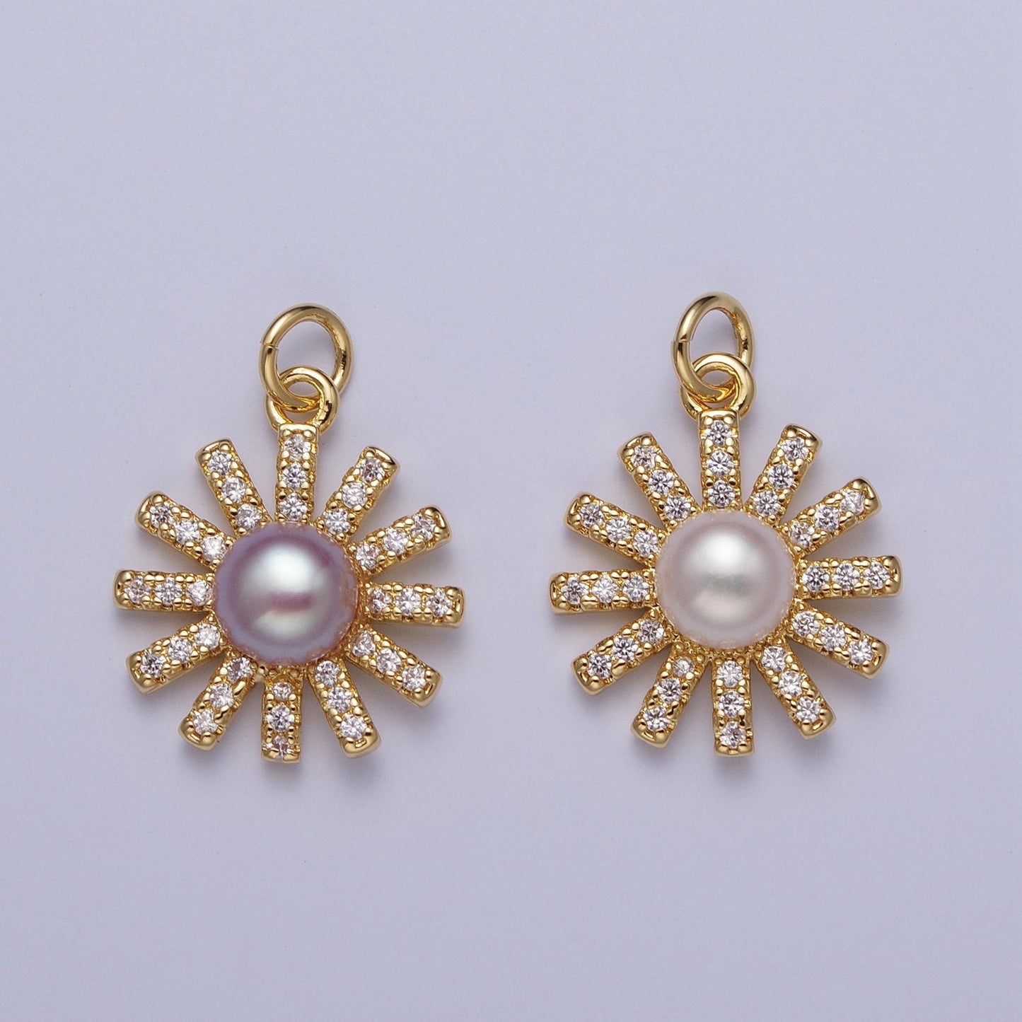 Gold CZ Pearl Flower Pendant, 24K Gold Plated Purple/White Mother of Pearl Micro Paved Clear CZ Sun Summer Spring Flower Charm | N-645