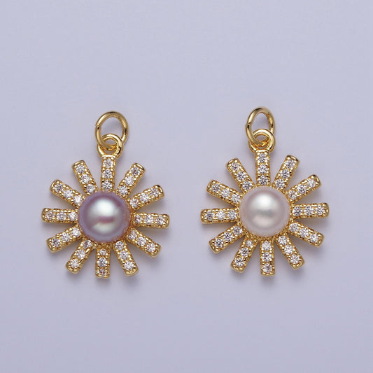 Gold CZ Pearl Flower Pendant, 24K Gold Plated Purple/White Mother of Pearl Micro Paved Clear CZ Sun Summer Spring Flower Charm | N-645