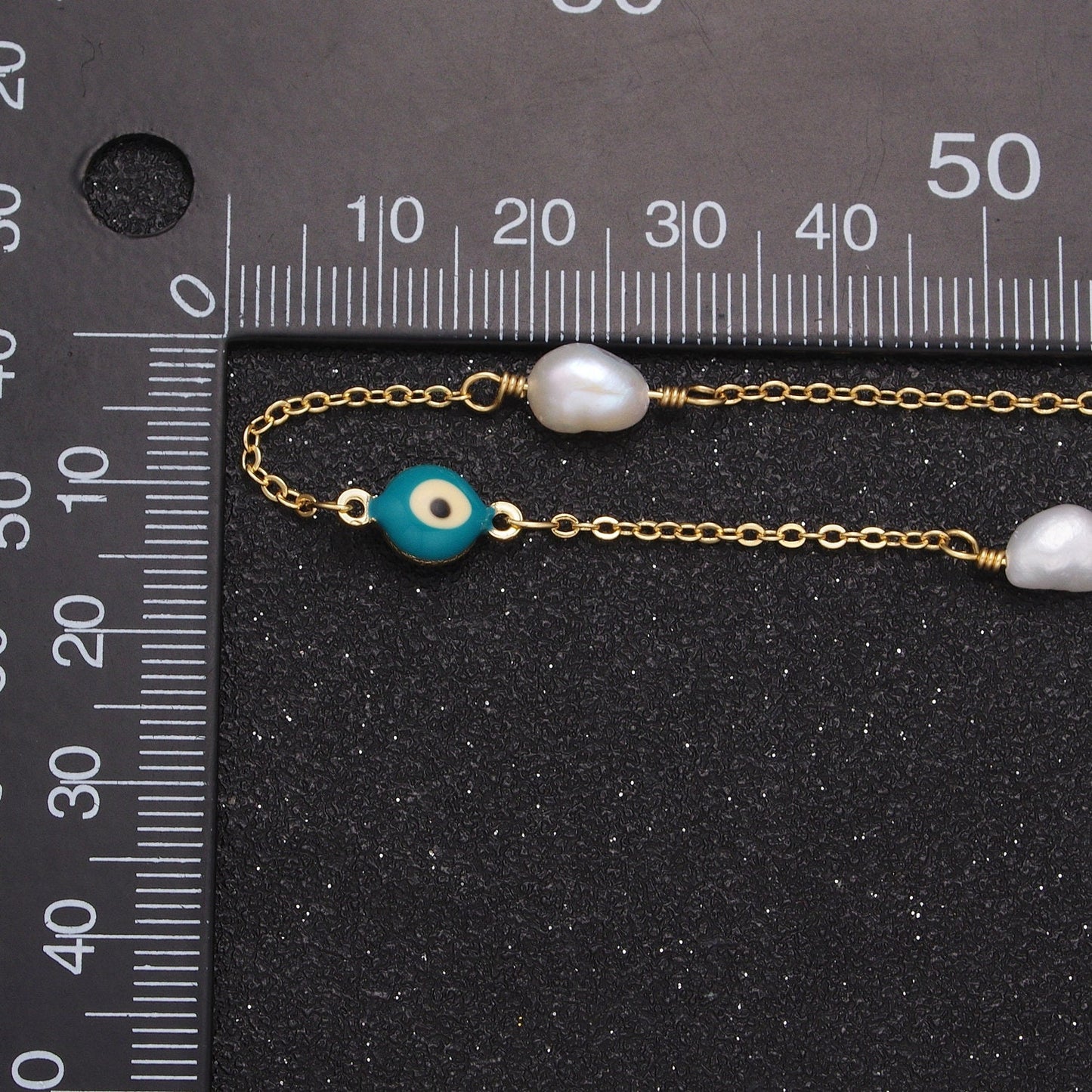 Evil Eye Bead Chain, Pearl Beaded Chains, 14K Gold Filled Pearl Rosary Chain Roll-875
