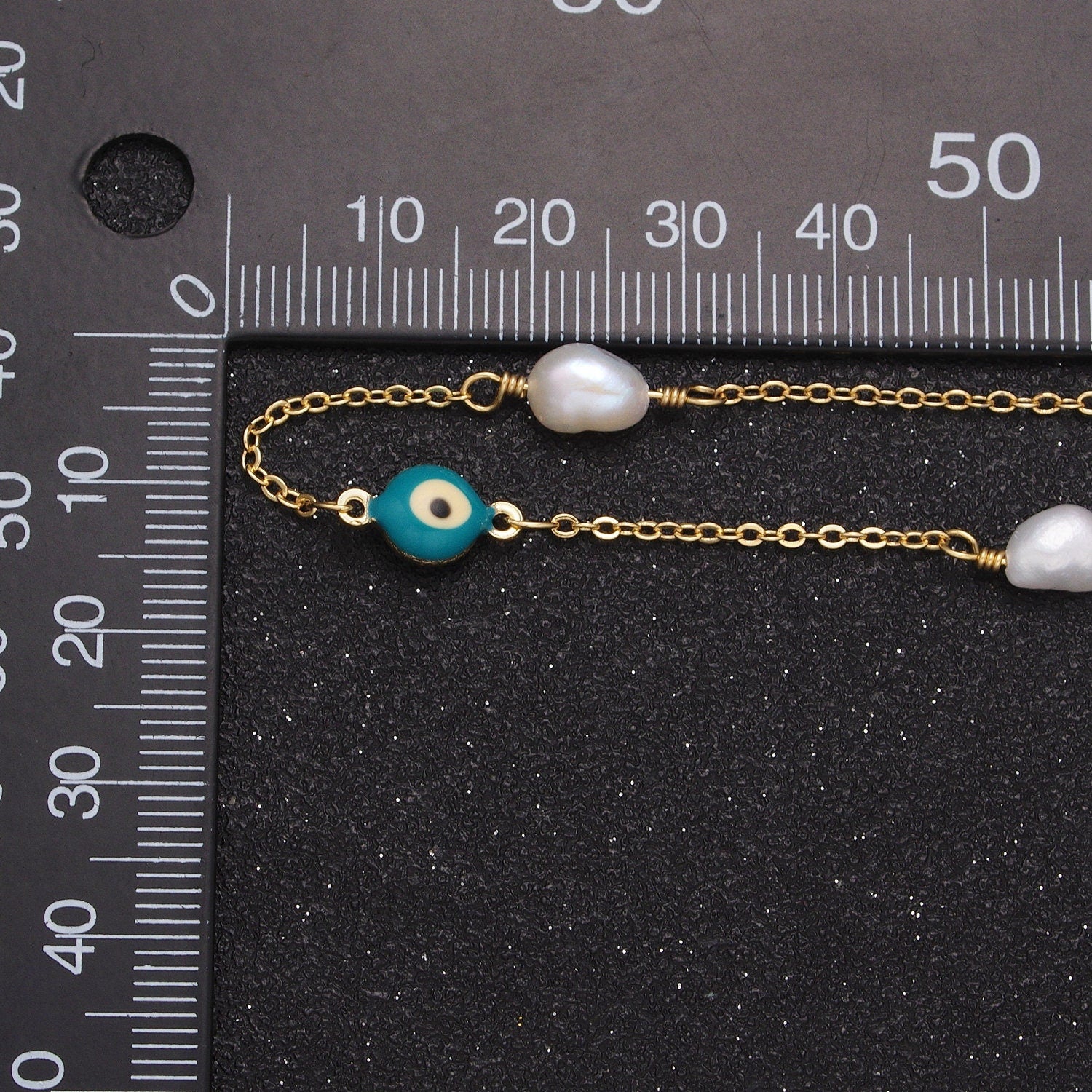 Evil Eye Bead Chain, Pearl Beaded Chains, 14K Gold Filled Pearl Rosary Chain Roll-875