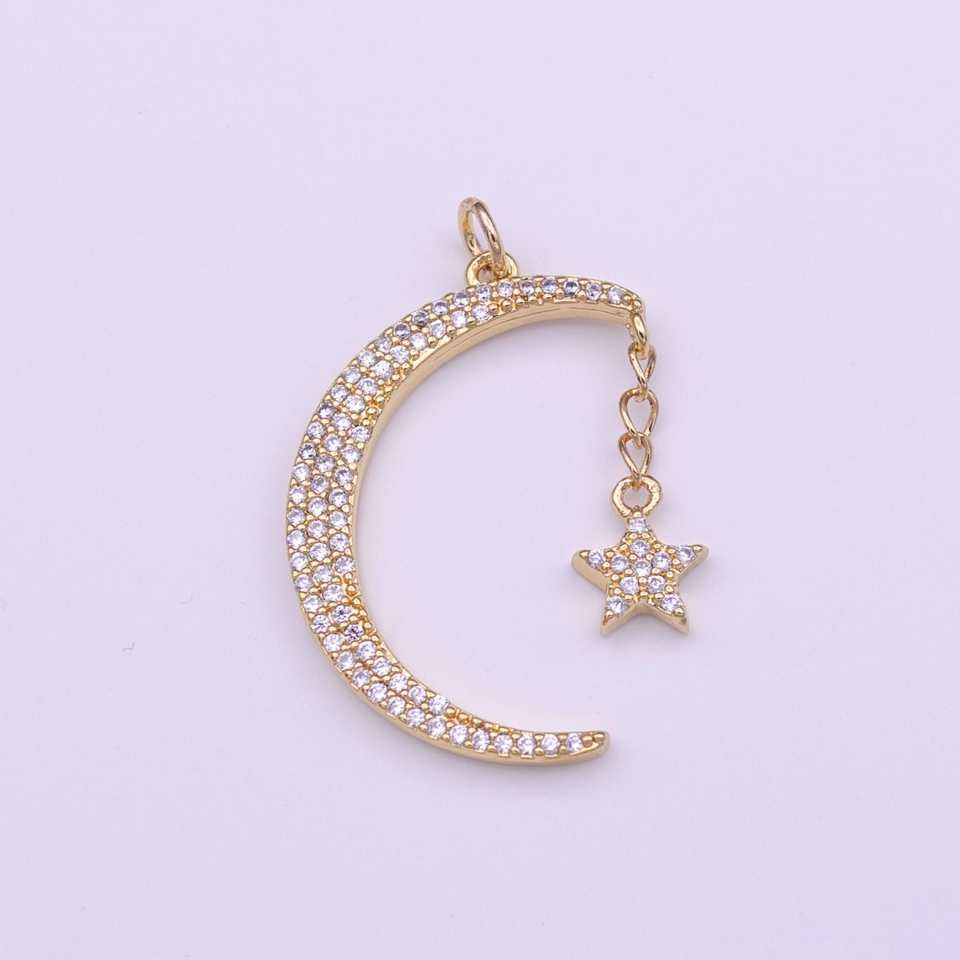 14K Gold Filled Celestial Space Crescent Moon Star Dangle Micro Paved CZ Cubic Zirconia Charm | D-167, I-283