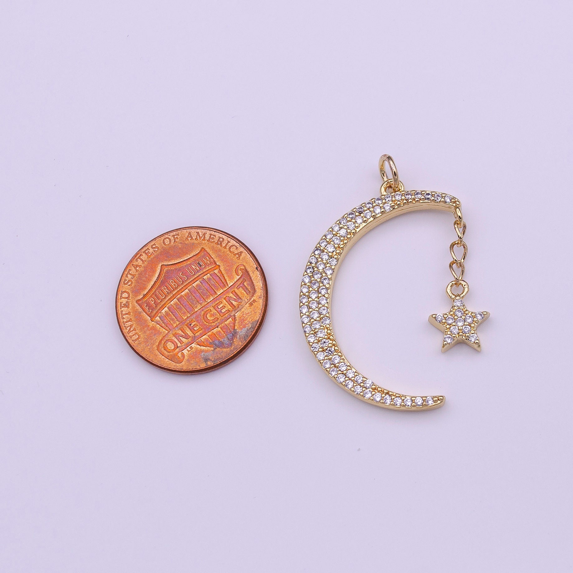 14K Gold Filled Celestial Space Crescent Moon Star Dangle Micro Paved CZ Cubic Zirconia Charm | D-167, I-283