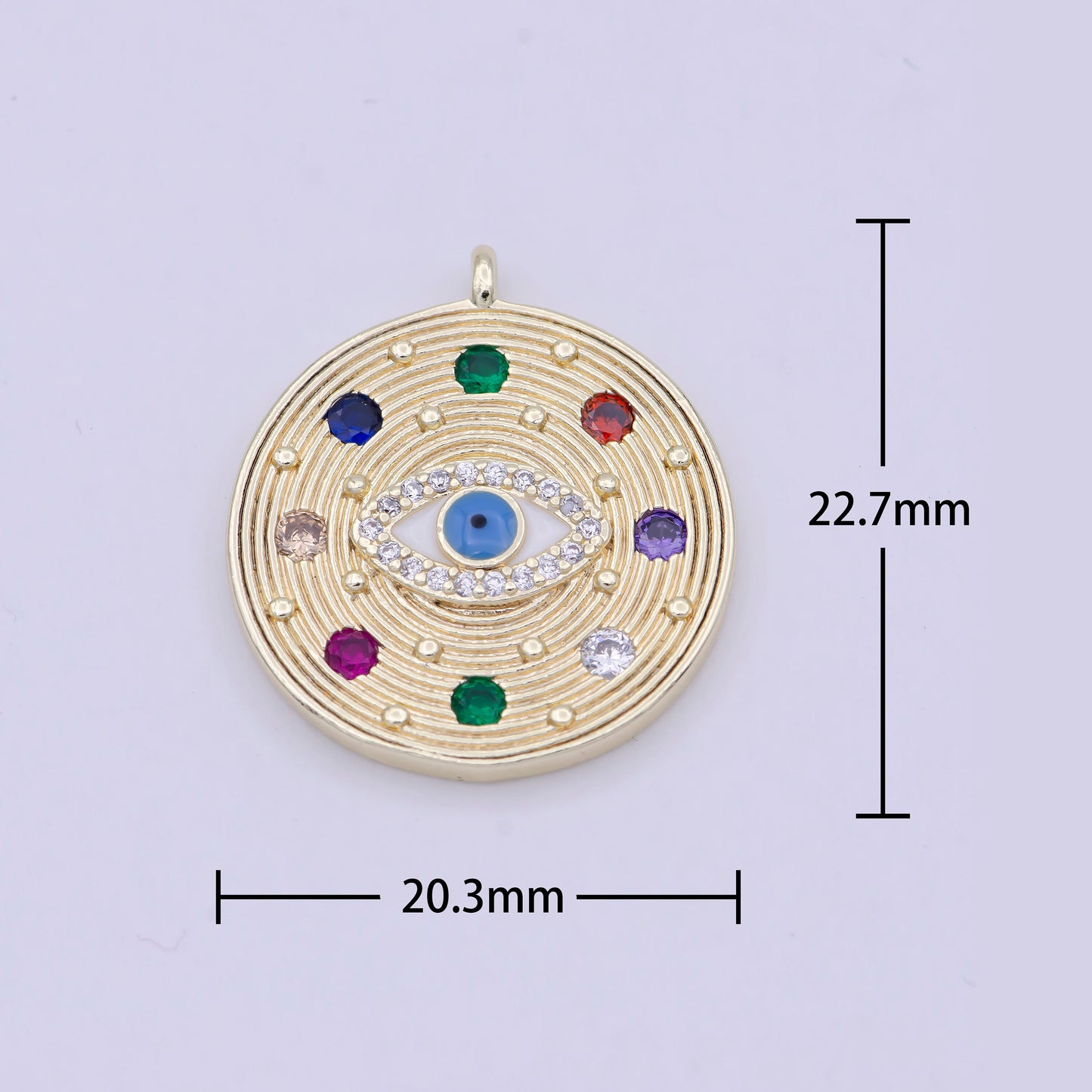 Dainty Multi Color Cz Stone Coin Charm Gold Evil Eye Pendant W-158