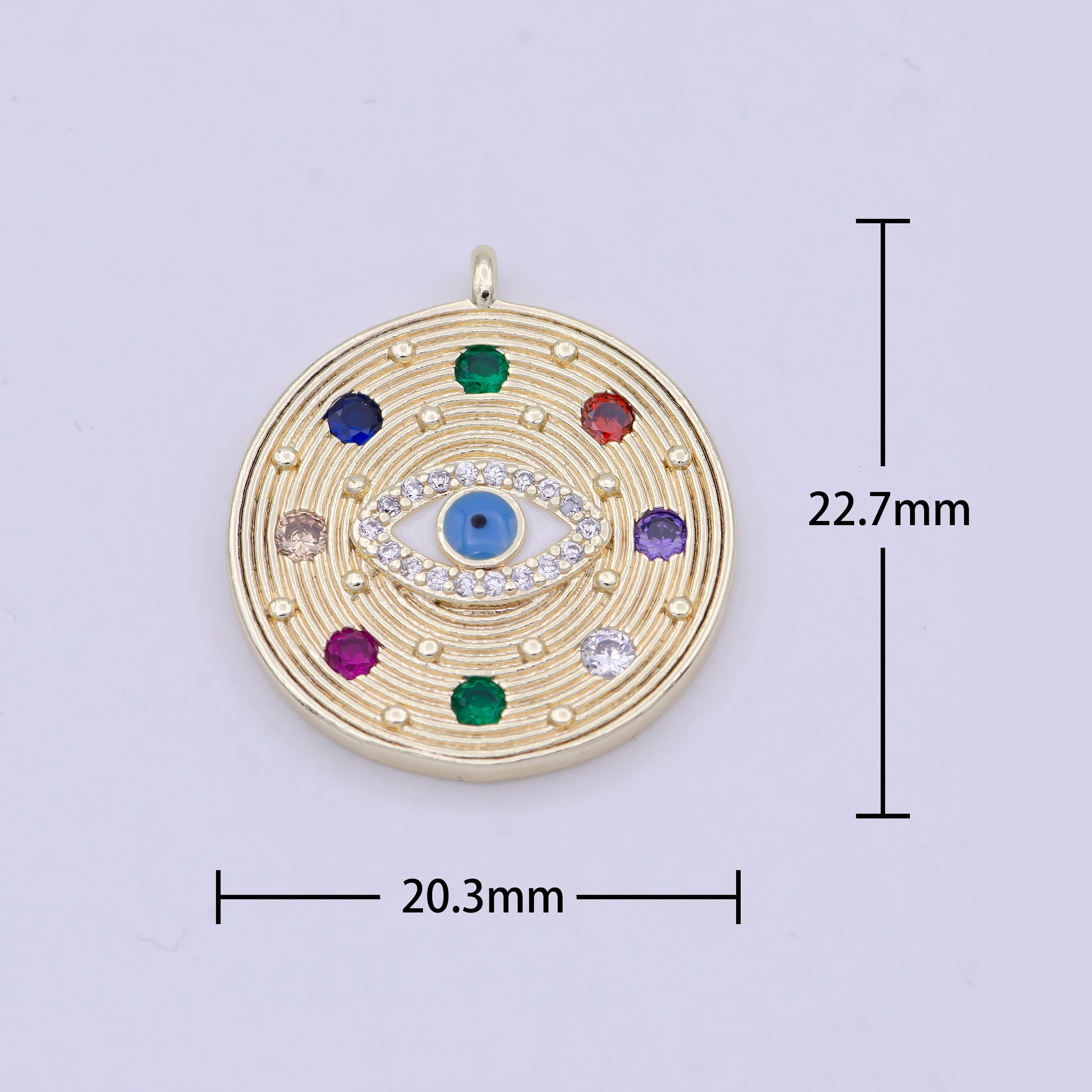 Dainty Multi Color Cz Stone Coin Charm Gold Evil Eye Pendant W-158