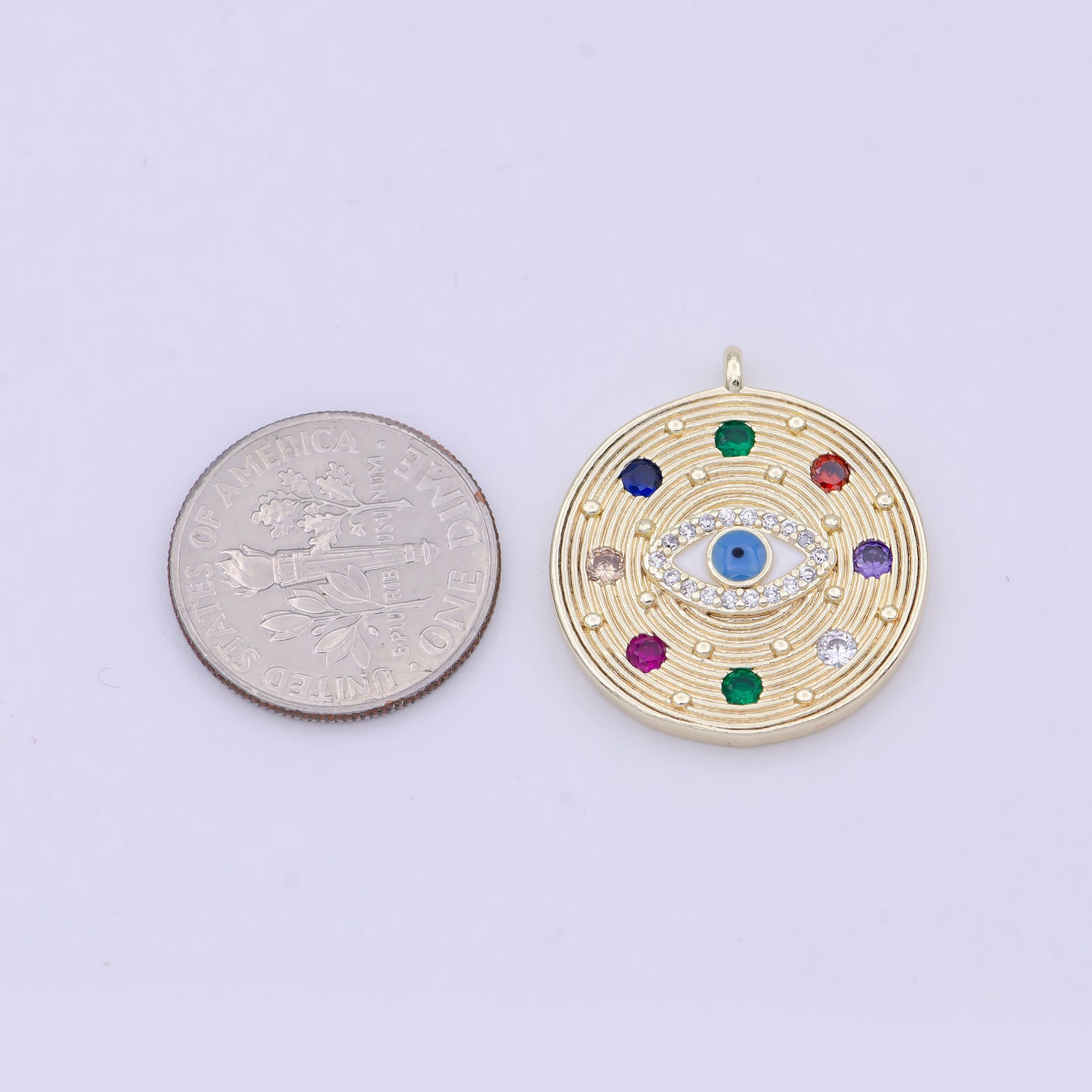 Dainty Multi Color Cz Stone Coin Charm Gold Evil Eye Pendant W-158