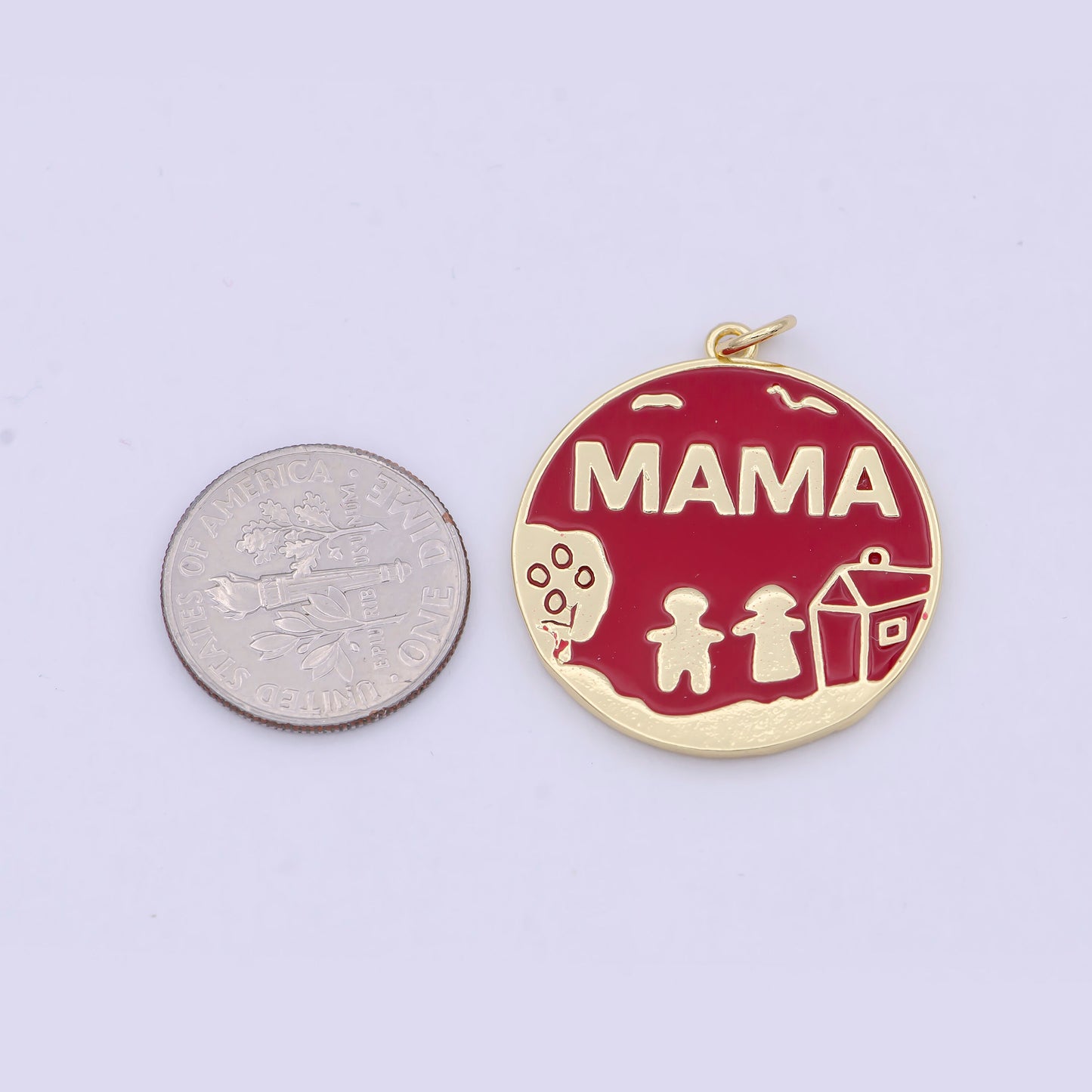 Gold Red Enamel Mama Coin Charm Family Jewelry for Mother Day gift Necklace Bracelet