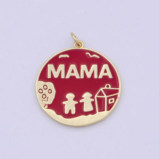 Gold Red Enamel Mama Coin Charm Family Jewelry for Mother Day gift Necklace Bracelet