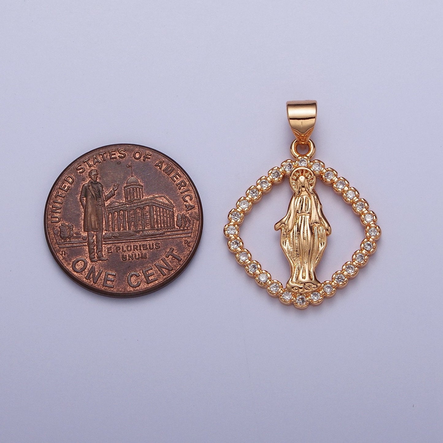 Our Lady of Guadalupe CZ Diamond Square Pendant, 18K Gold Plated Virgin Mary Hollow Cut Micro Paved Clear CZ Religious Charm | H-132