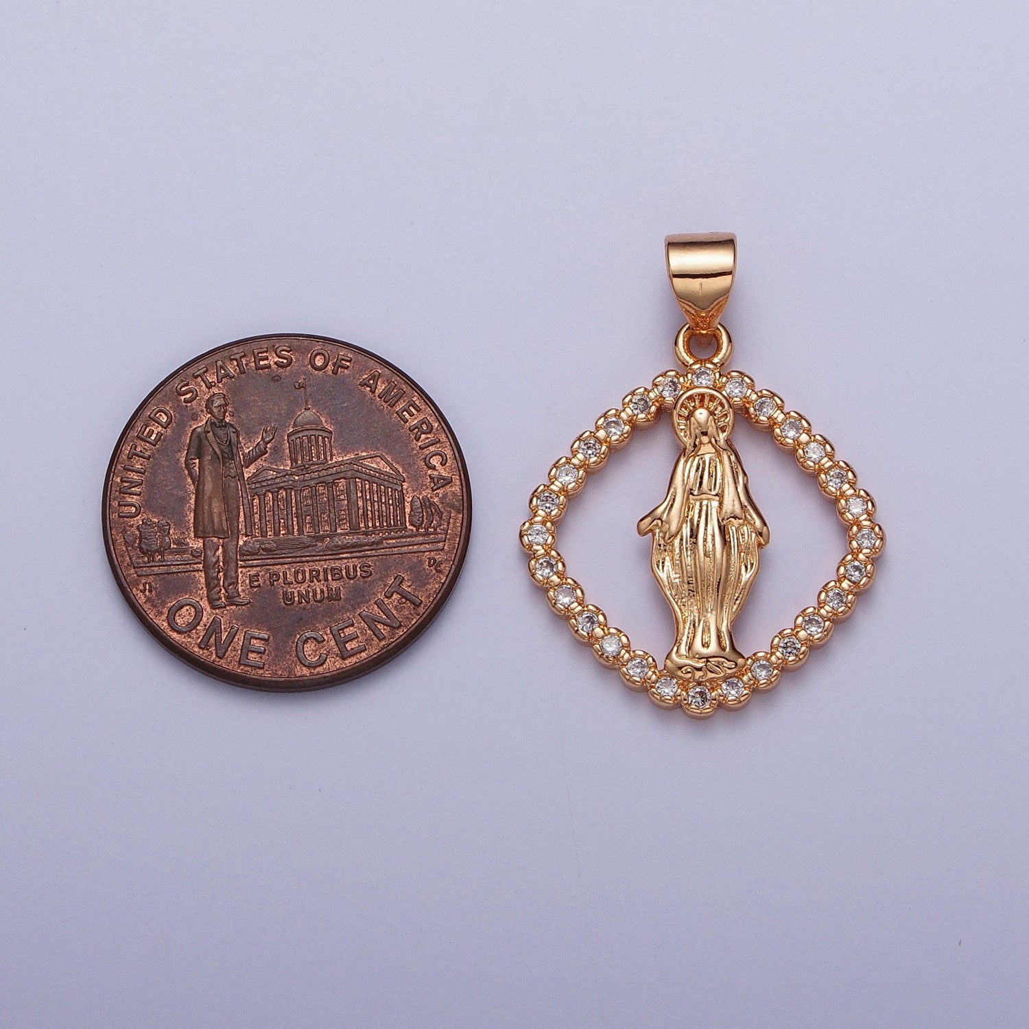 Our Lady of Guadalupe CZ Diamond Square Pendant, 18K Gold Plated Virgin Mary Hollow Cut Micro Paved Clear CZ Religious Charm | H-132